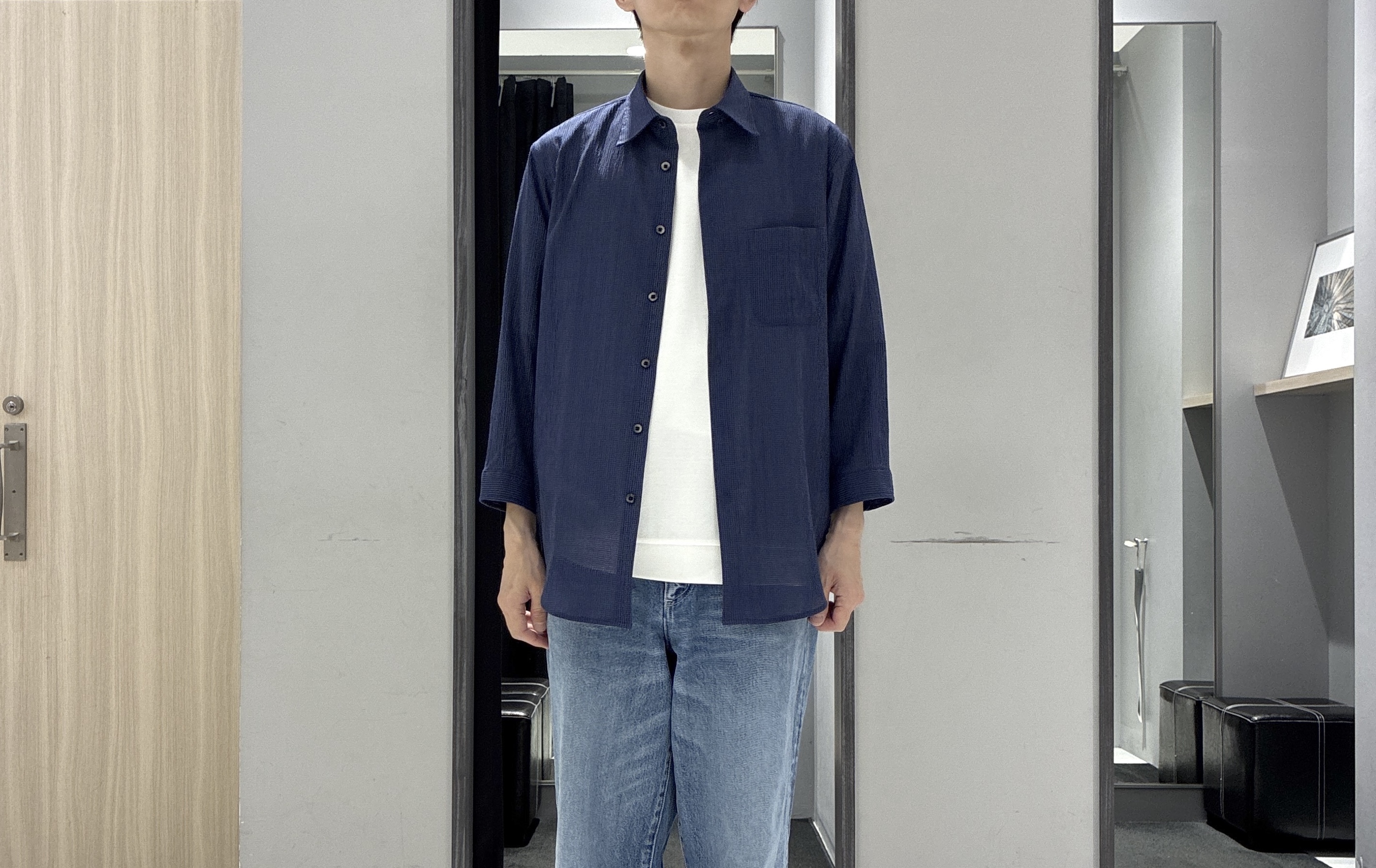 わいずみさんの「TAKEO KIKUCHI｜【通気性】トリコットサッカー 7分袖シャツ」を使ったコーディネート