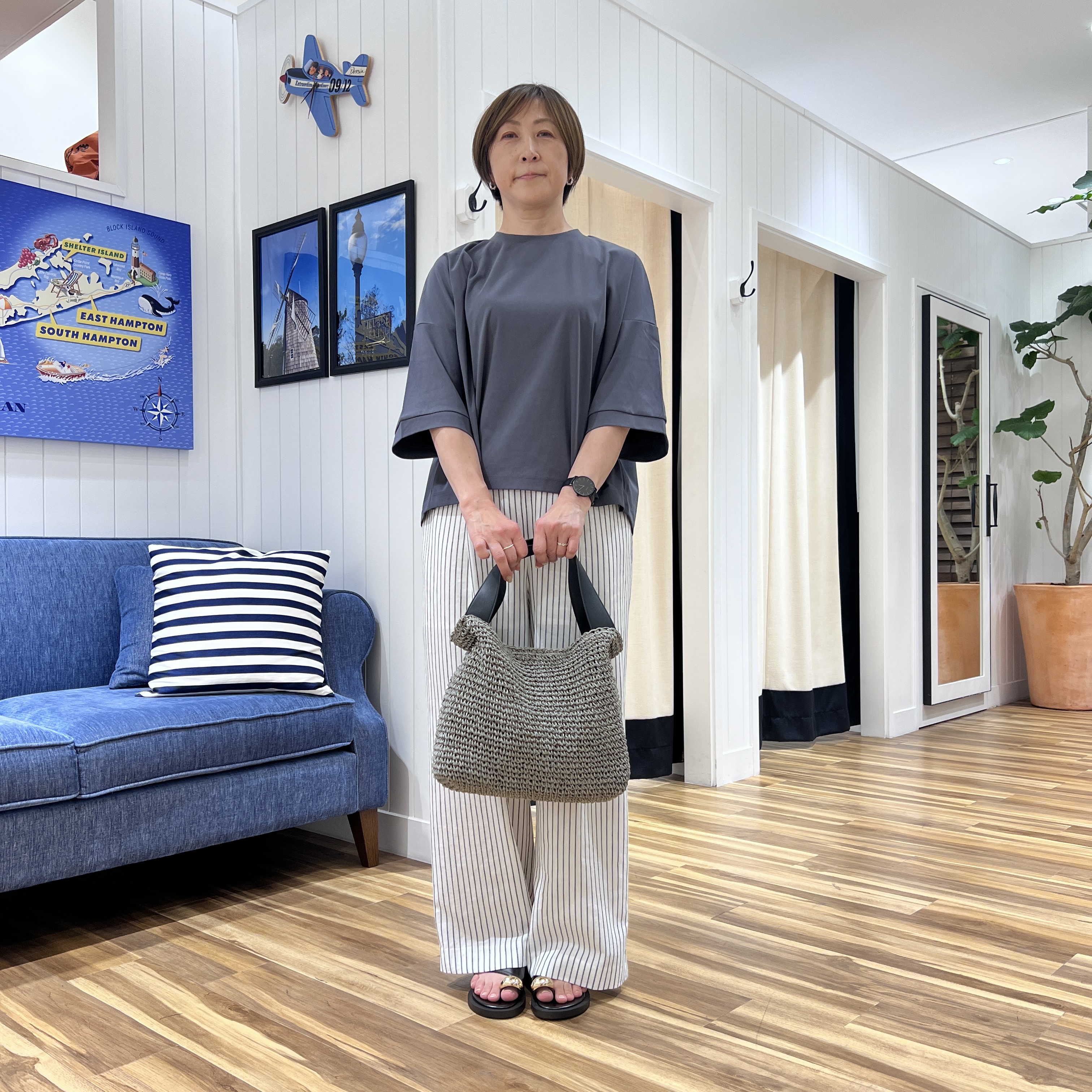 haruさんの「Dessin｜【セットアップ可/ウエストゴム】リネンブレンドワイドパンツ」を使ったコーディネート