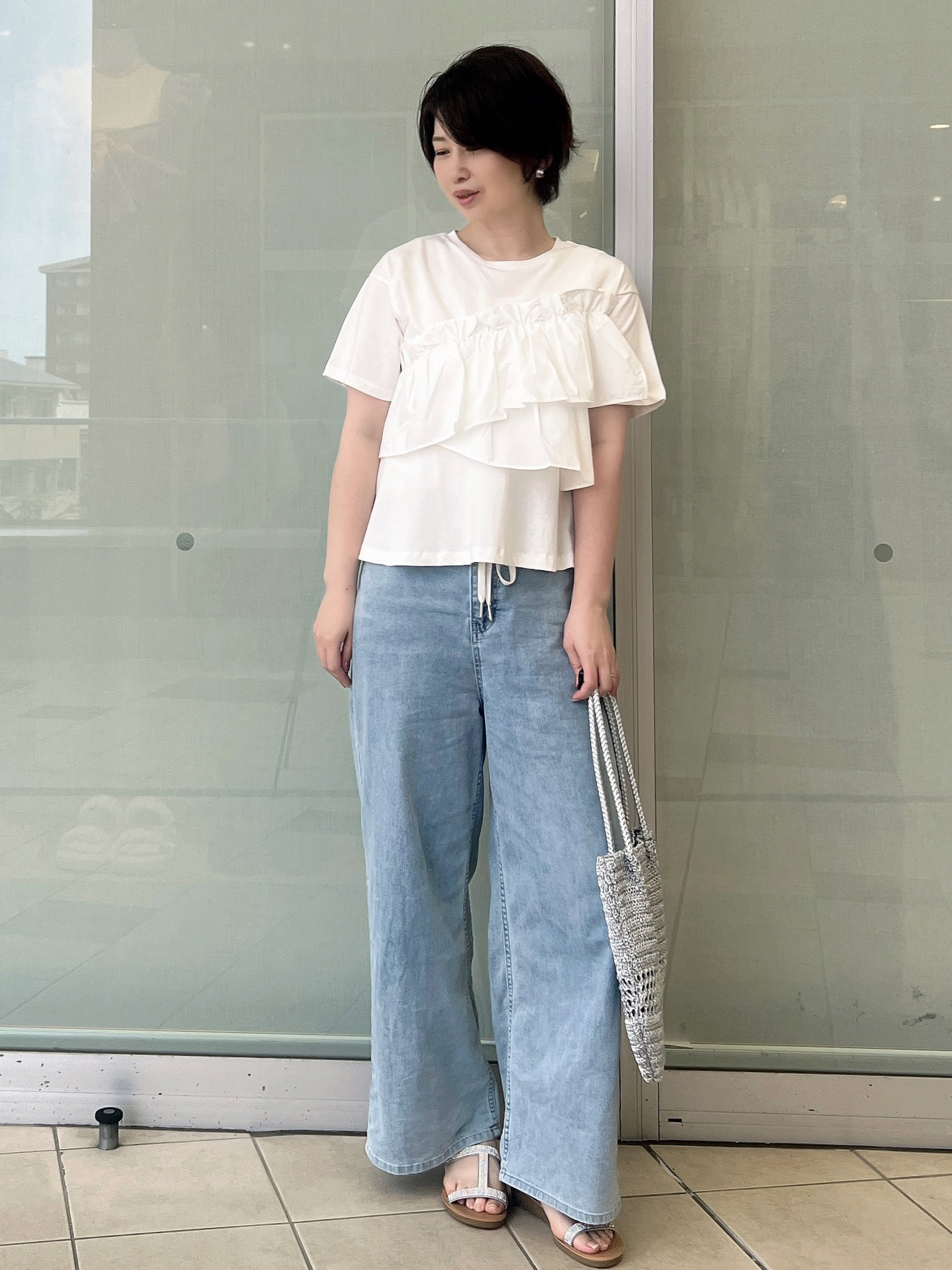 yo-koさんの「OPAQUE.CLIP｜【接触冷感】アシメフリルドッキングカットソー《洗濯機OK》」を使ったコーディネート