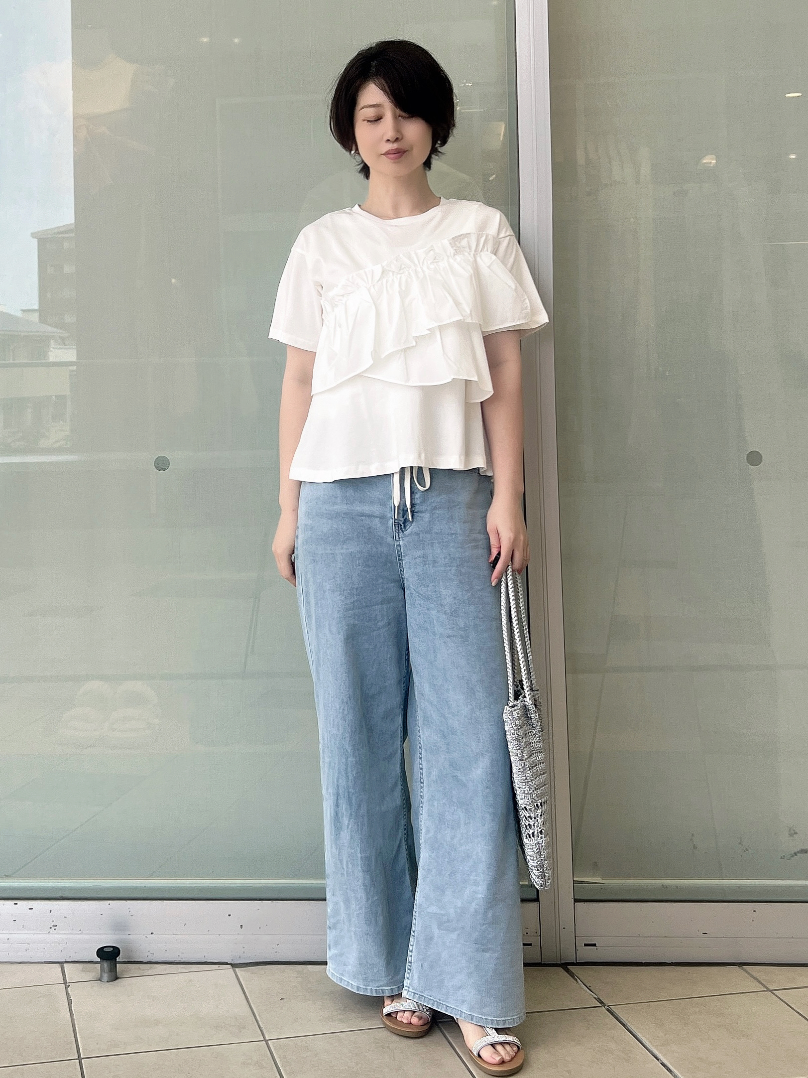 yo-koさんの「OPAQUE.CLIP｜【接触冷感】アシメフリルドッキングカットソー《洗濯機OK》」を使ったコーディネート