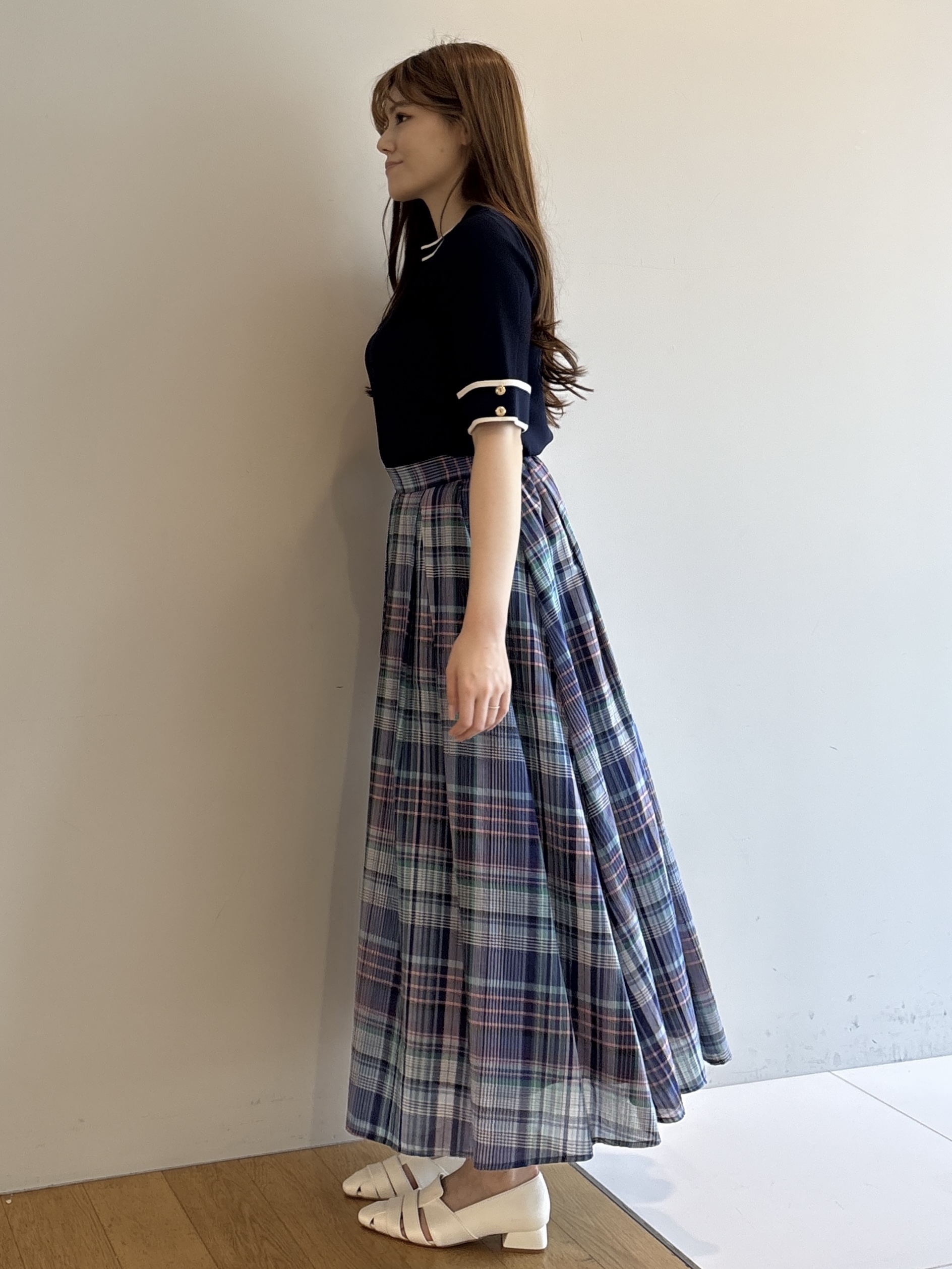 sayaさんの「grove｜新色追加！【シリーズ累計36万枚/名品ニット】やわらかドライタッチ 袖メッシュ編みニット」を使ったコーディネート