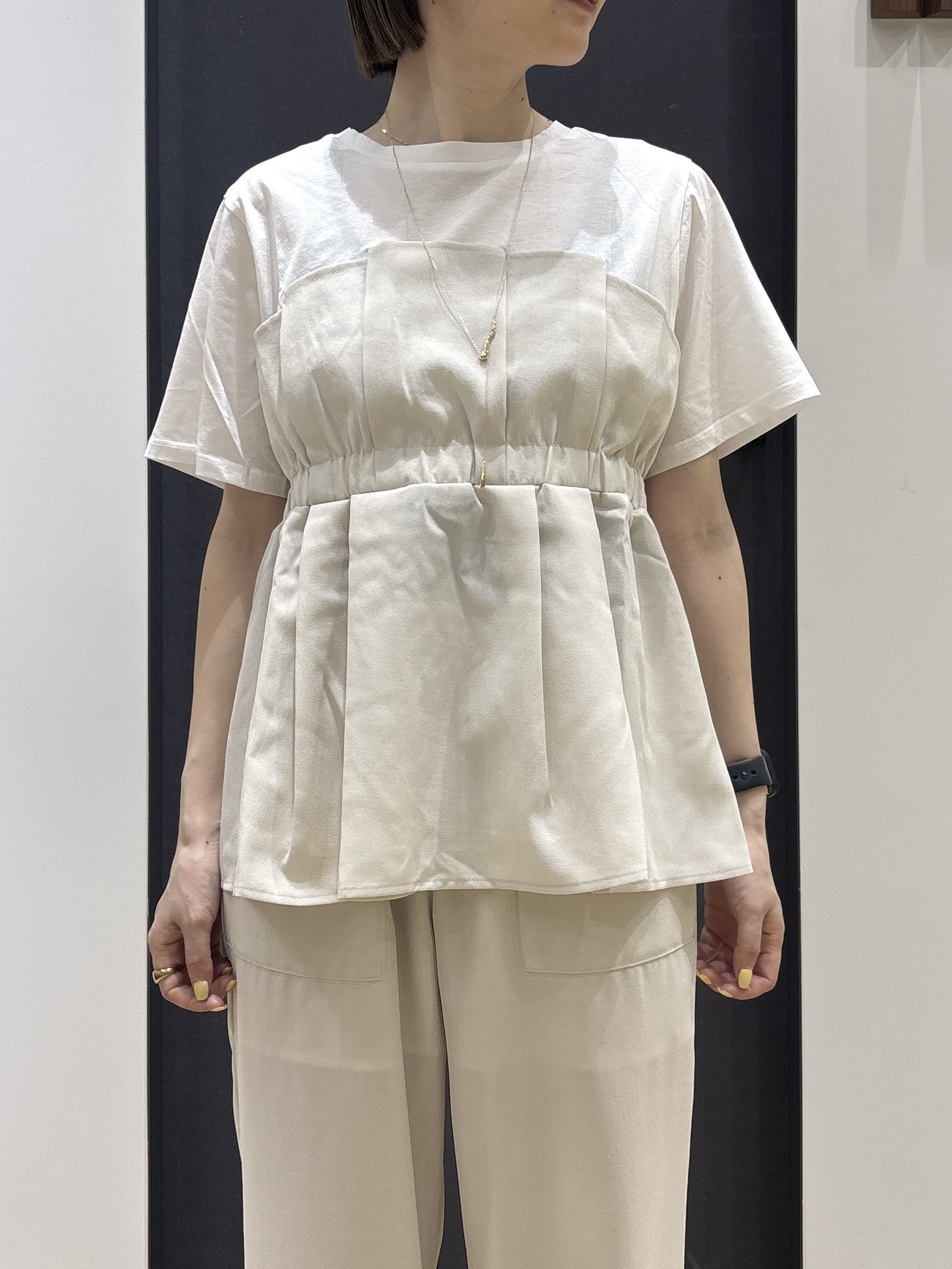 risaさんの「Dessin｜【セットアップ可/UVカット/洗える】ビスチェドッキングTシャツ」を使ったコーディネート