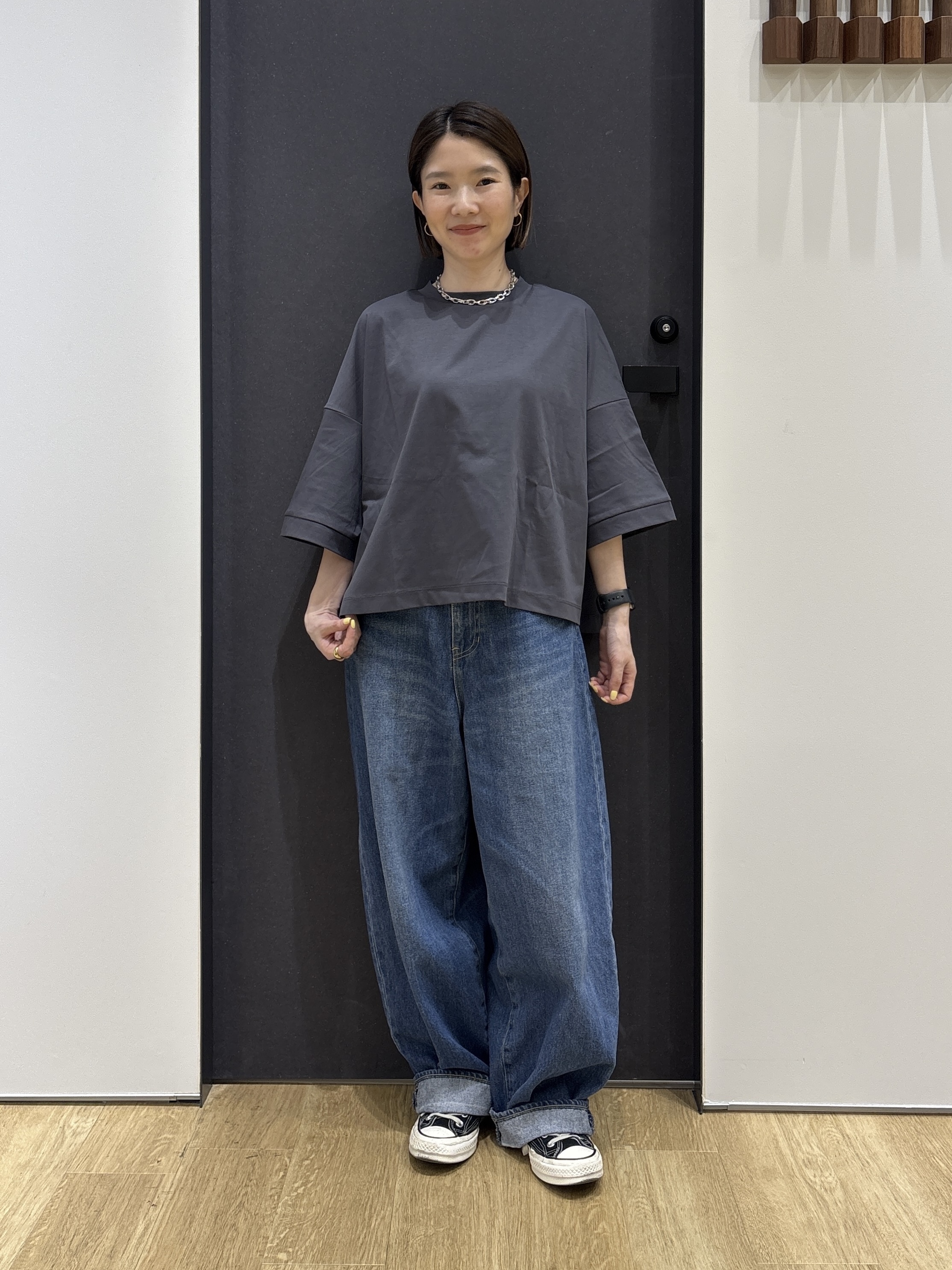 risaさんの「Dessin｜【体型カバー】美光沢カットソーボクシーシルエット」を使ったコーディネート