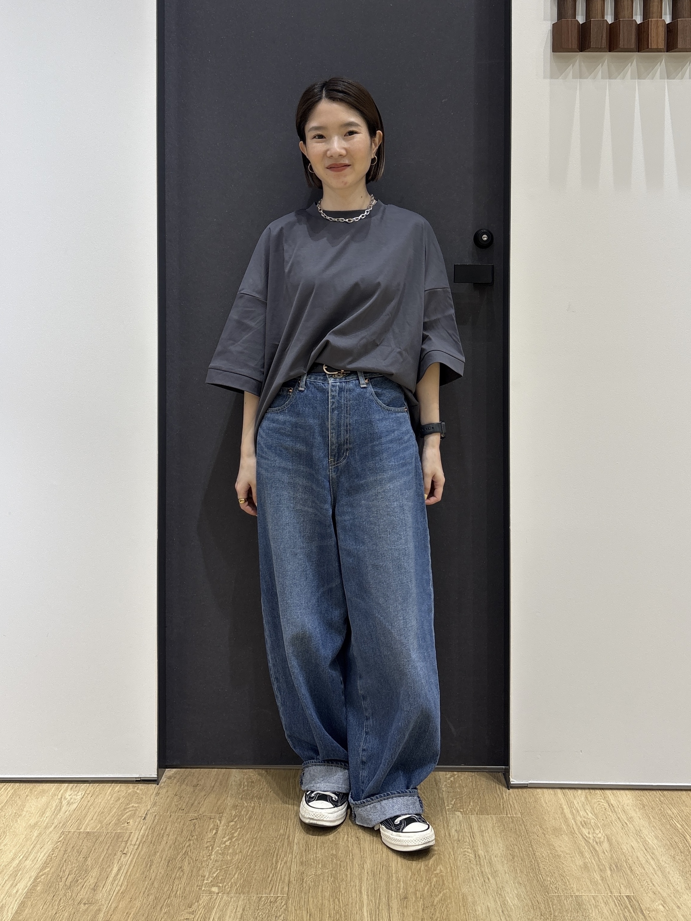 risaさんの「Dessin｜【体型カバー】美光沢カットソーボクシーシルエット」を使ったコーディネート