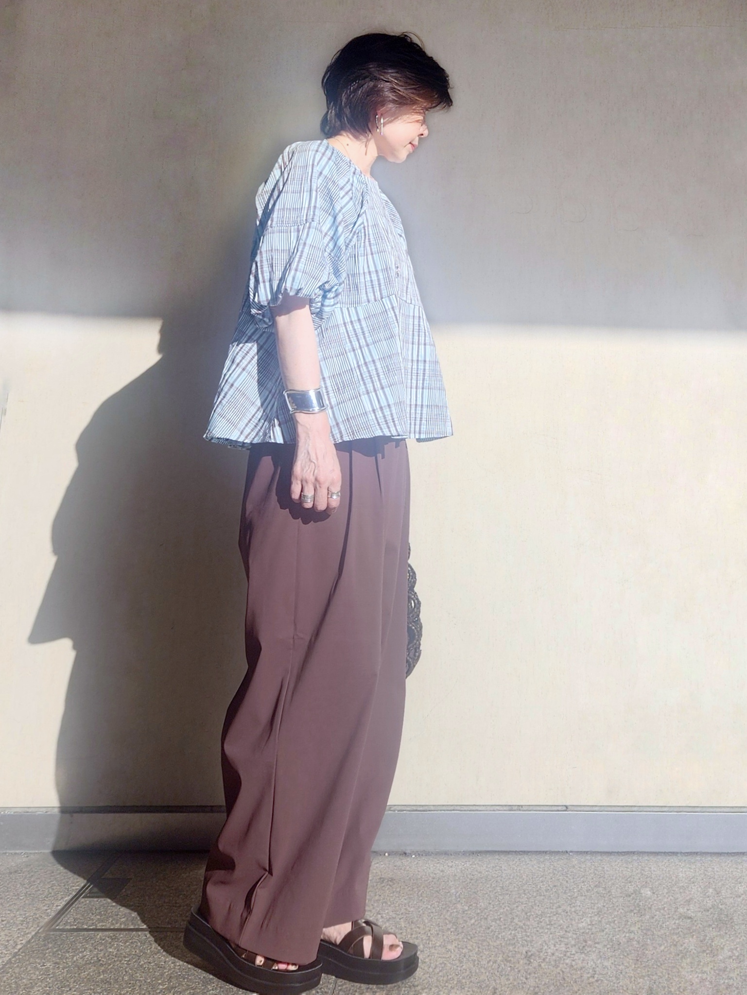 milkyさんの「OPAQUE.CLIP｜チェック柄ペプラムブラウス【洗濯機OK】」を使ったコーディネート