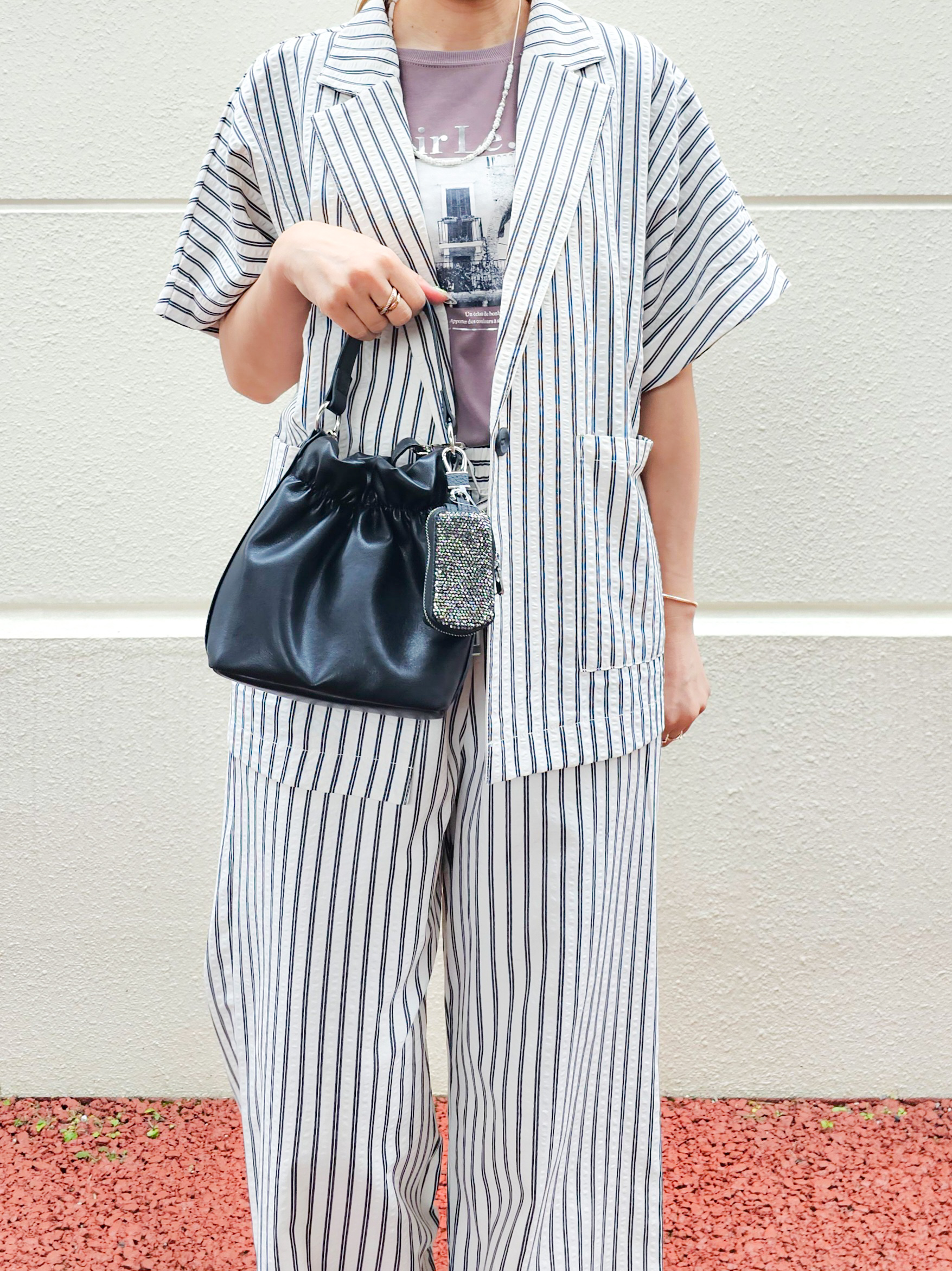 ゆゆさんの「SHOO･LA･RUE｜【S-LL/吸水速乾/セットアップ可】羽織るだけで主役になる サッカーストライプシャツジャケット」を使ったコーディネート