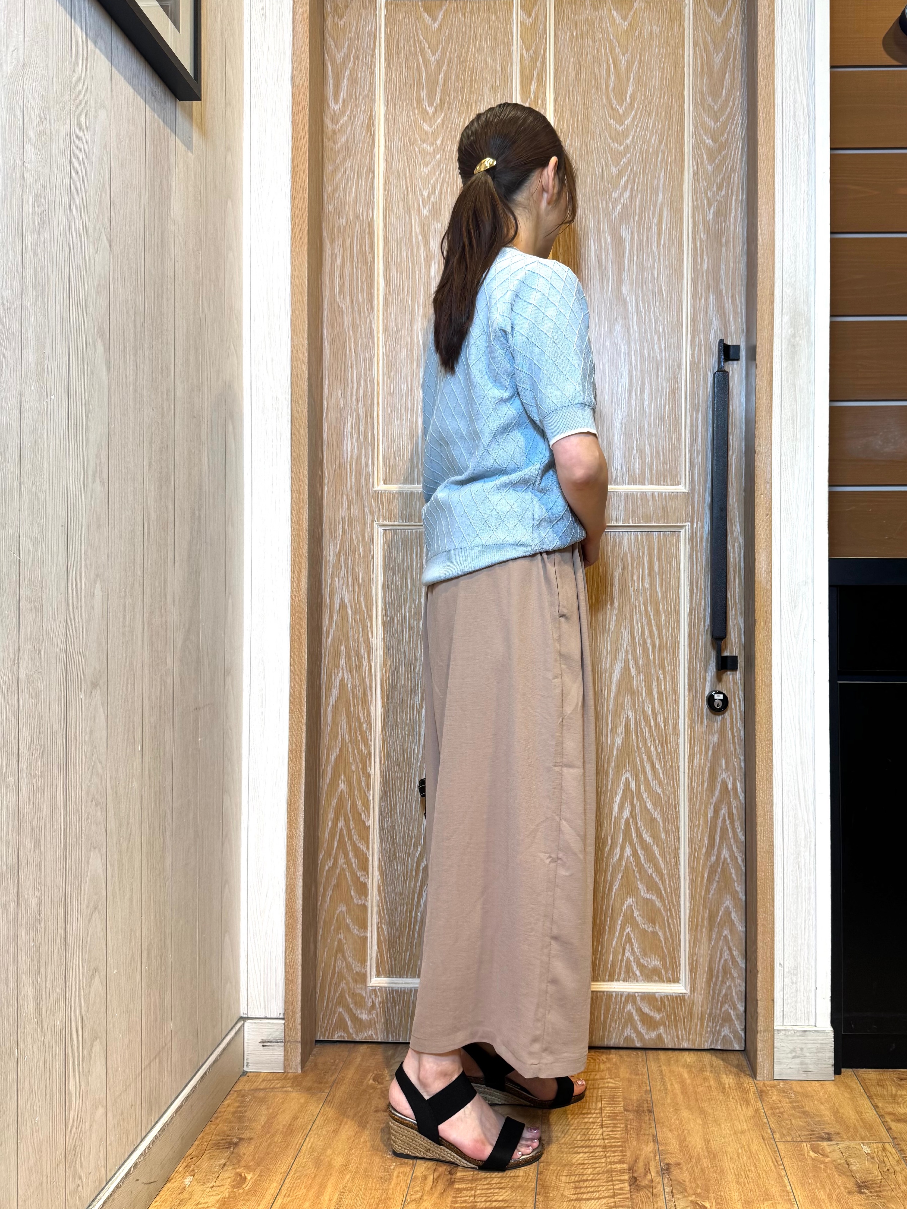 KAORIさんの「SHOO･LA･RUE｜【洗濯機可/S-LL】大人上品なダイヤ編み柄 配色半袖ニット」を使ったコーディネート