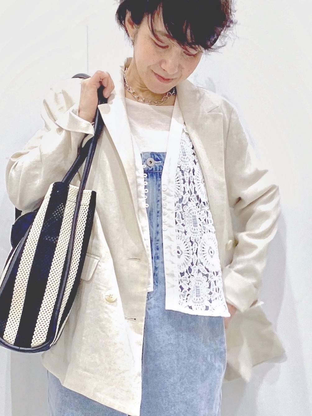 Bonさんの「OPAQUE.CLIP｜【UV／接触冷感】ダブルブレストジャケット《防シワ加工／洗える》」を使ったコーディネート