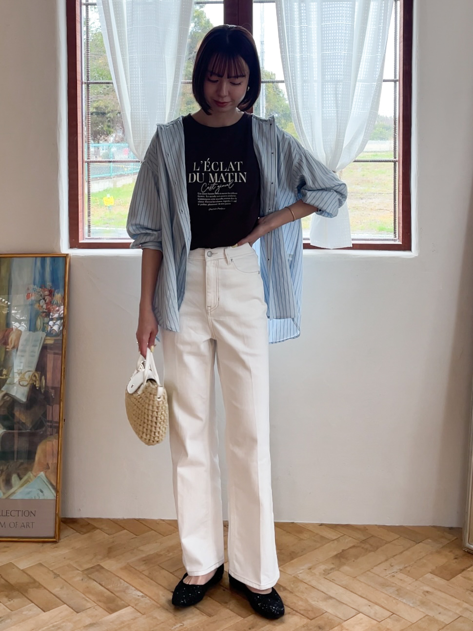 NATSUMIさんの「grove｜【洗える】大人のストライプ フーディシャツ」を使ったコーディネート