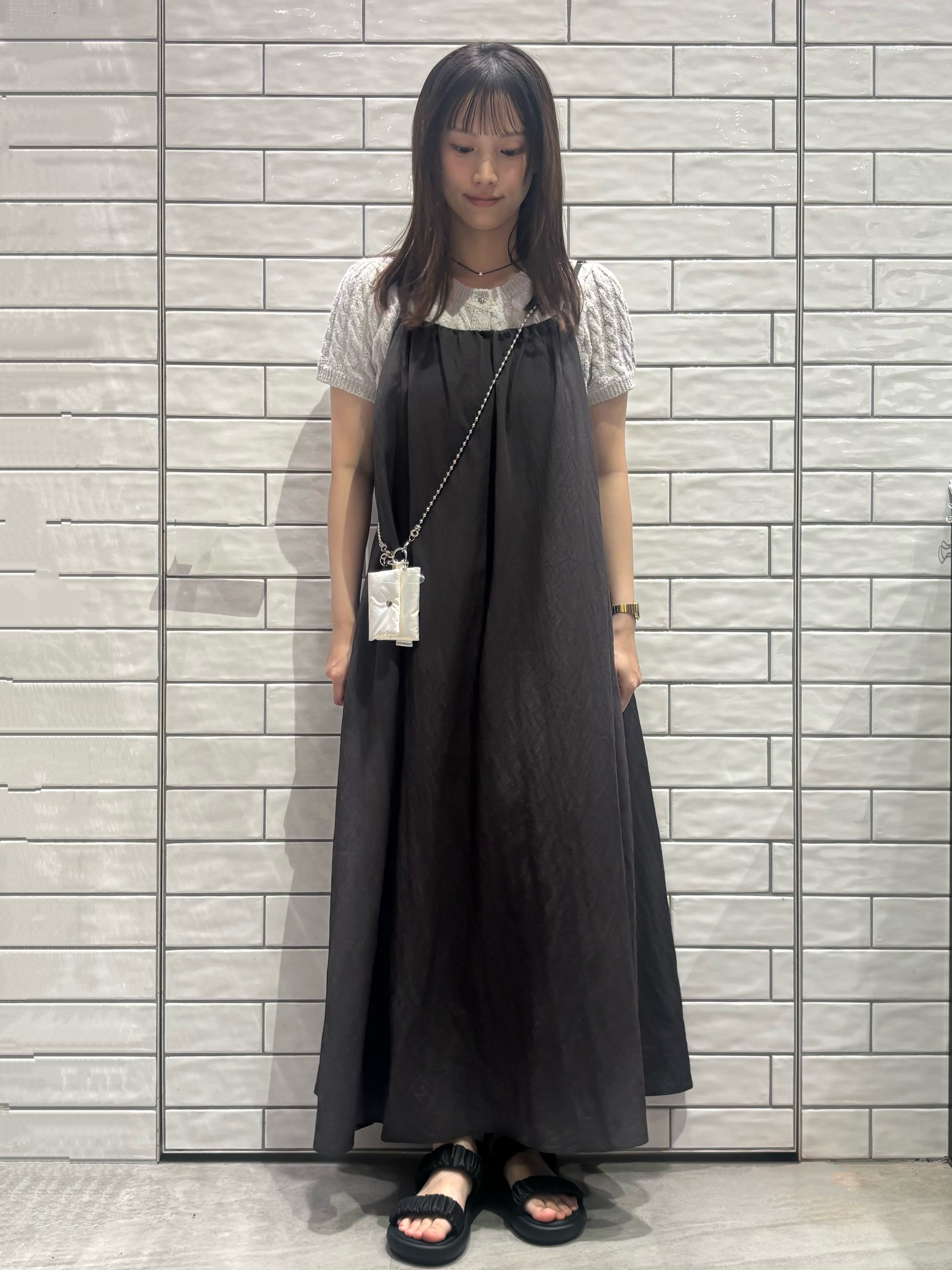 ranさんの「OPAQUE.CLIP｜アイスブークレケーブル半袖カーディガン【洗濯機OK】」を使ったコーディネート
