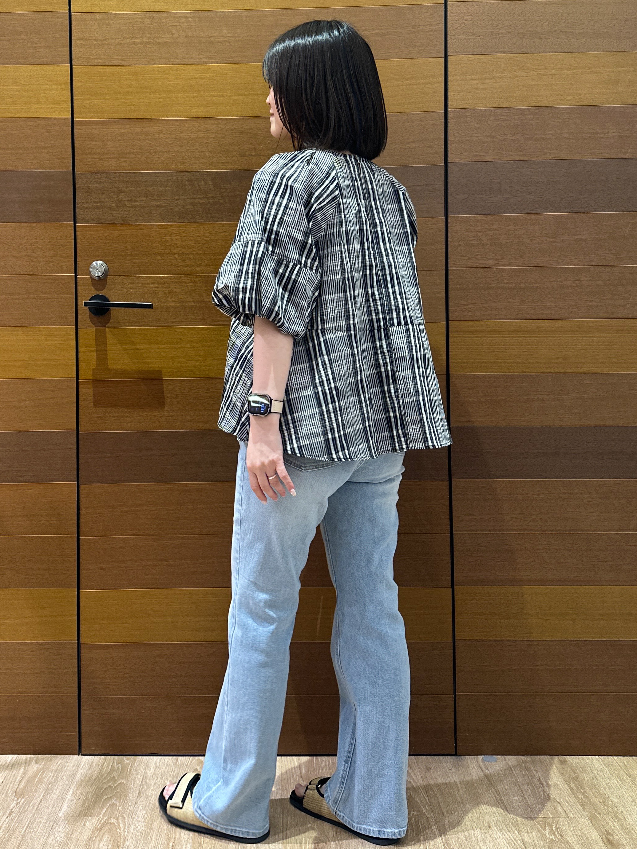 Minさんの「OPAQUE.CLIP｜チェック柄ペプラムブラウス【洗濯機OK】」を使ったコーディネート