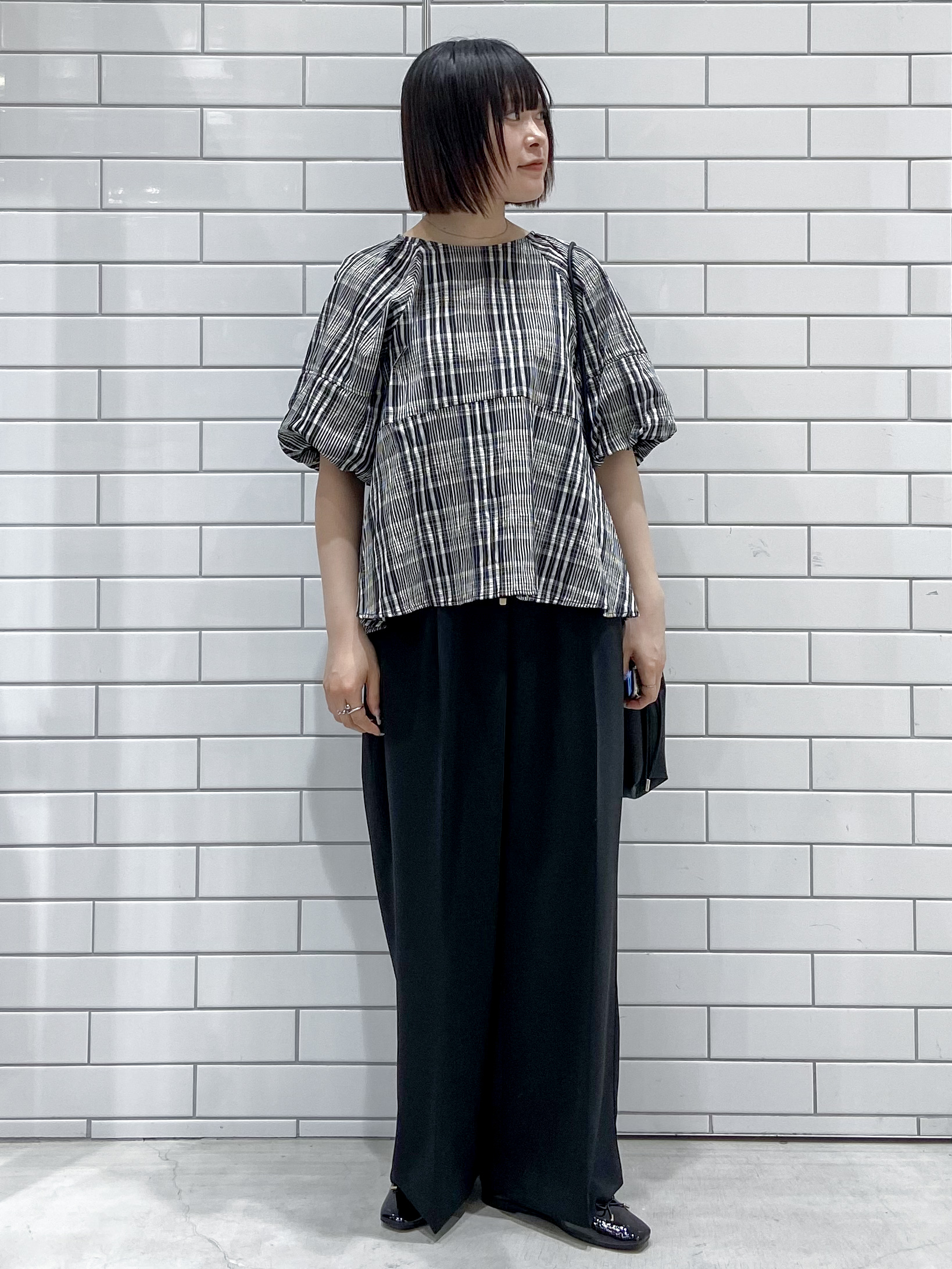 kimiさんの「OPAQUE.CLIP｜チェック柄ペプラムブラウス【洗濯機OK】」を使ったコーディネート