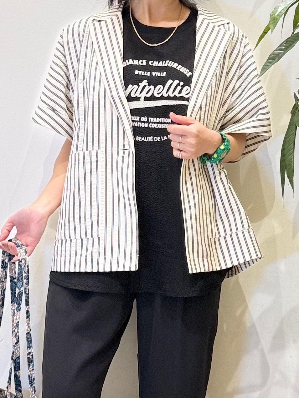 misakiさんの「SHOO･LA･RUE｜【S-LL/吸水速乾/セットアップ可】羽織るだけで主役になる サッカーストライプシャツジャケット」を使ったコーディネート
