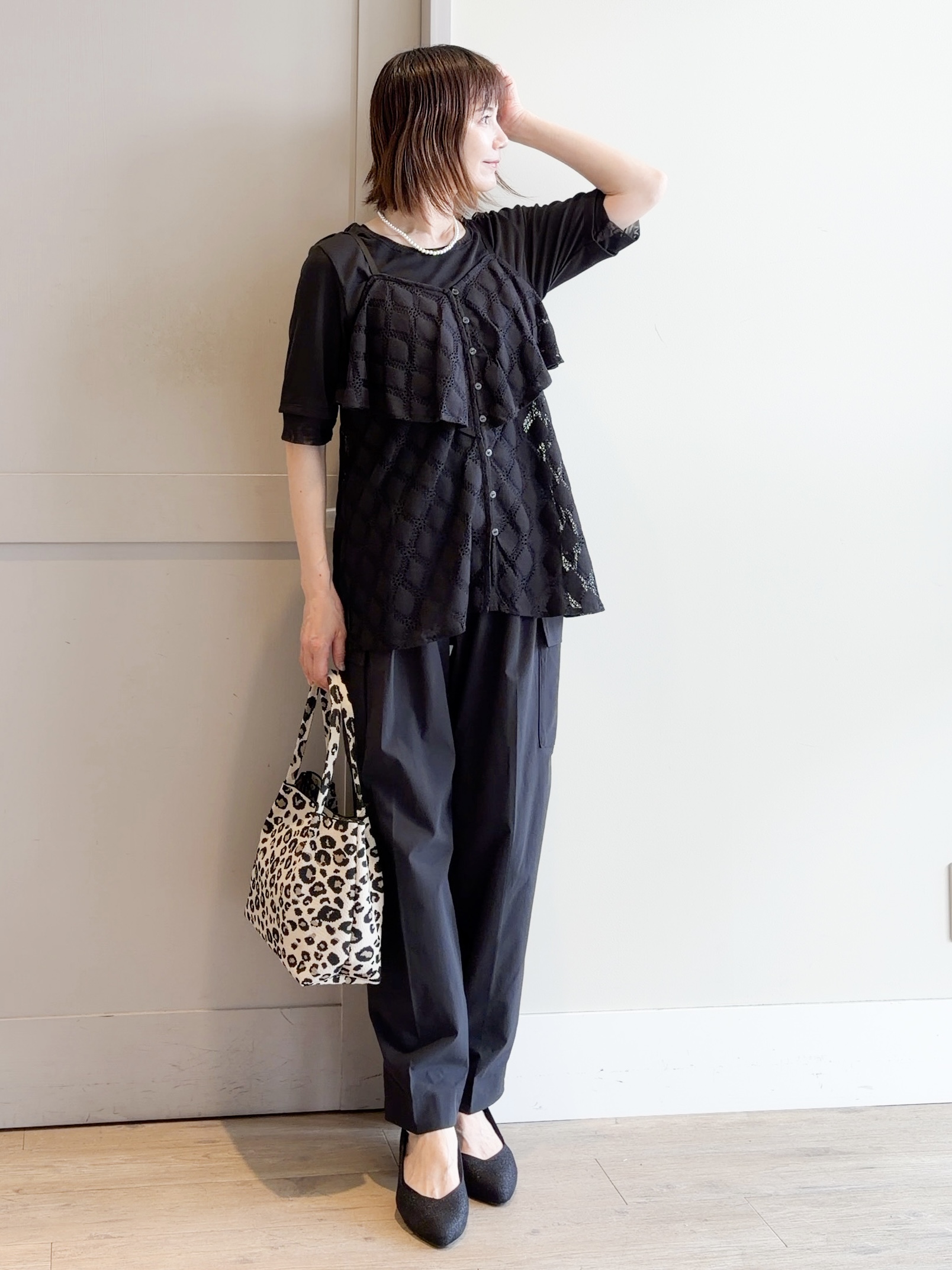 yamakoさんの「grove｜【UVカット】チュールトリミング5分袖Tシャツ」を使ったコーディネート