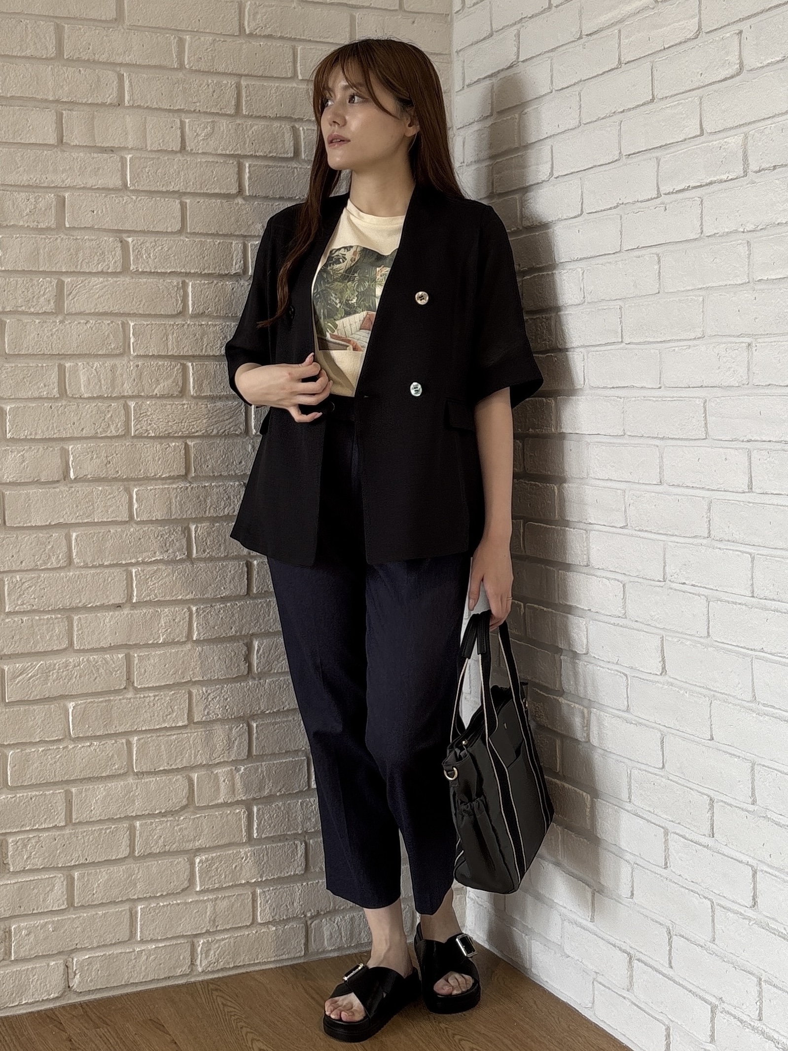 sayaさんの「grove｜【洗濯機OK/ひんやり】軽く羽織れるハーフスリーブジャケット」を使ったコーディネート