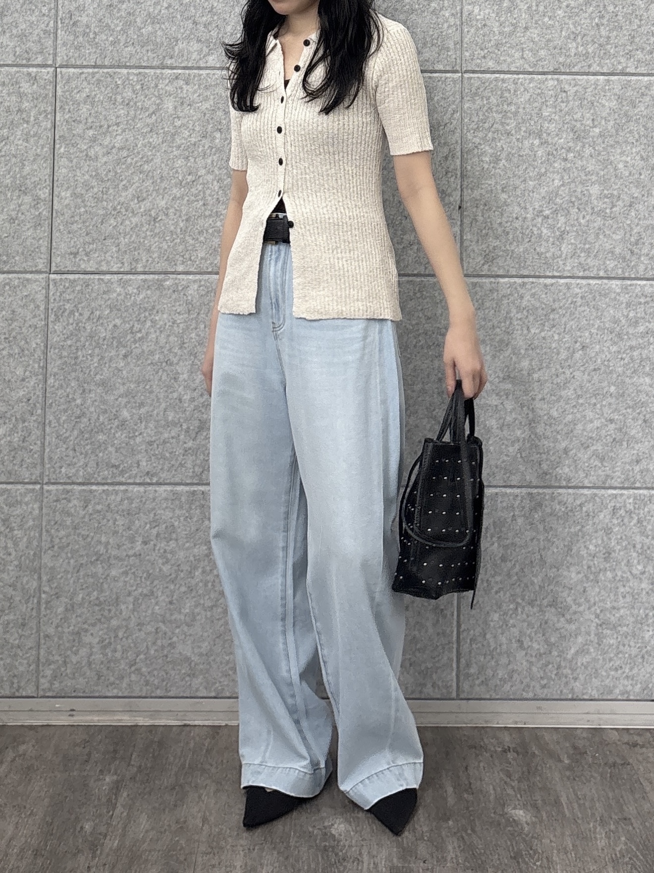 rinaさんの「INDIVI｜ハーフスリーブポロニットカーデ」を使ったコーディネート