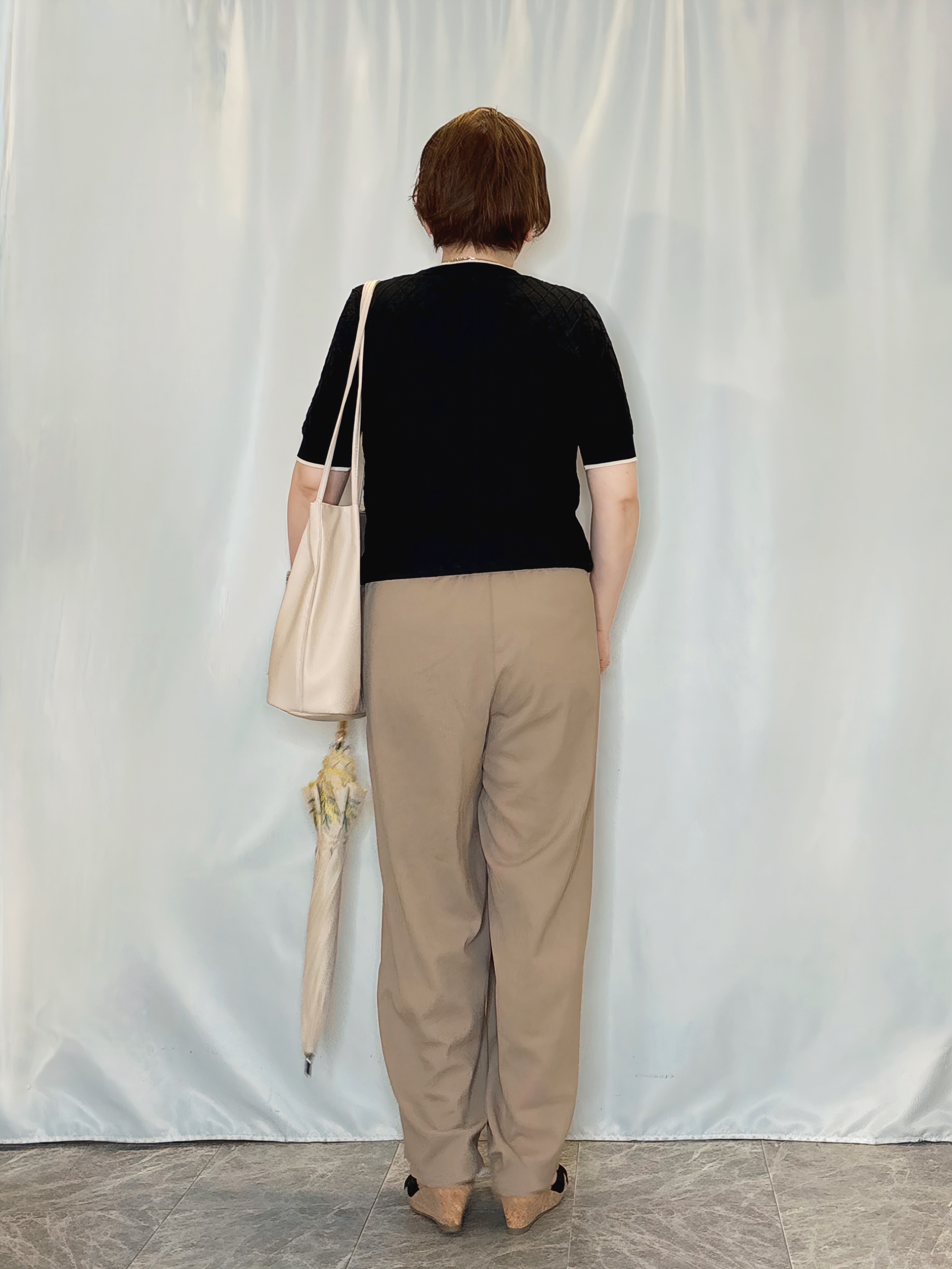 たみさんの「SHOO･LA･RUE｜【洗濯機可/S-LL】大人上品なダイヤ編み柄 配色半袖ニット」を使ったコーディネート