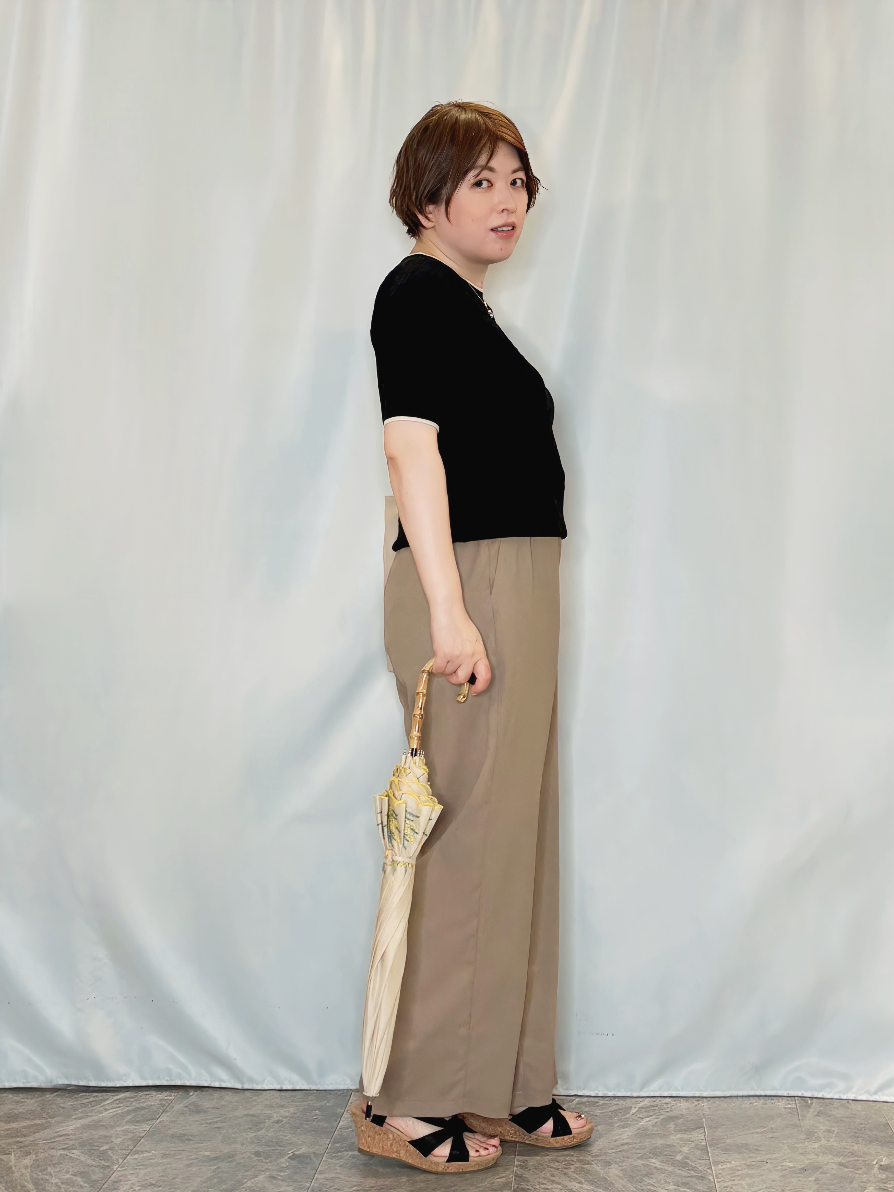 たみさんの「SHOO･LA･RUE｜【洗濯機可/S-LL】大人上品なダイヤ編み柄 配色半袖ニット」を使ったコーディネート