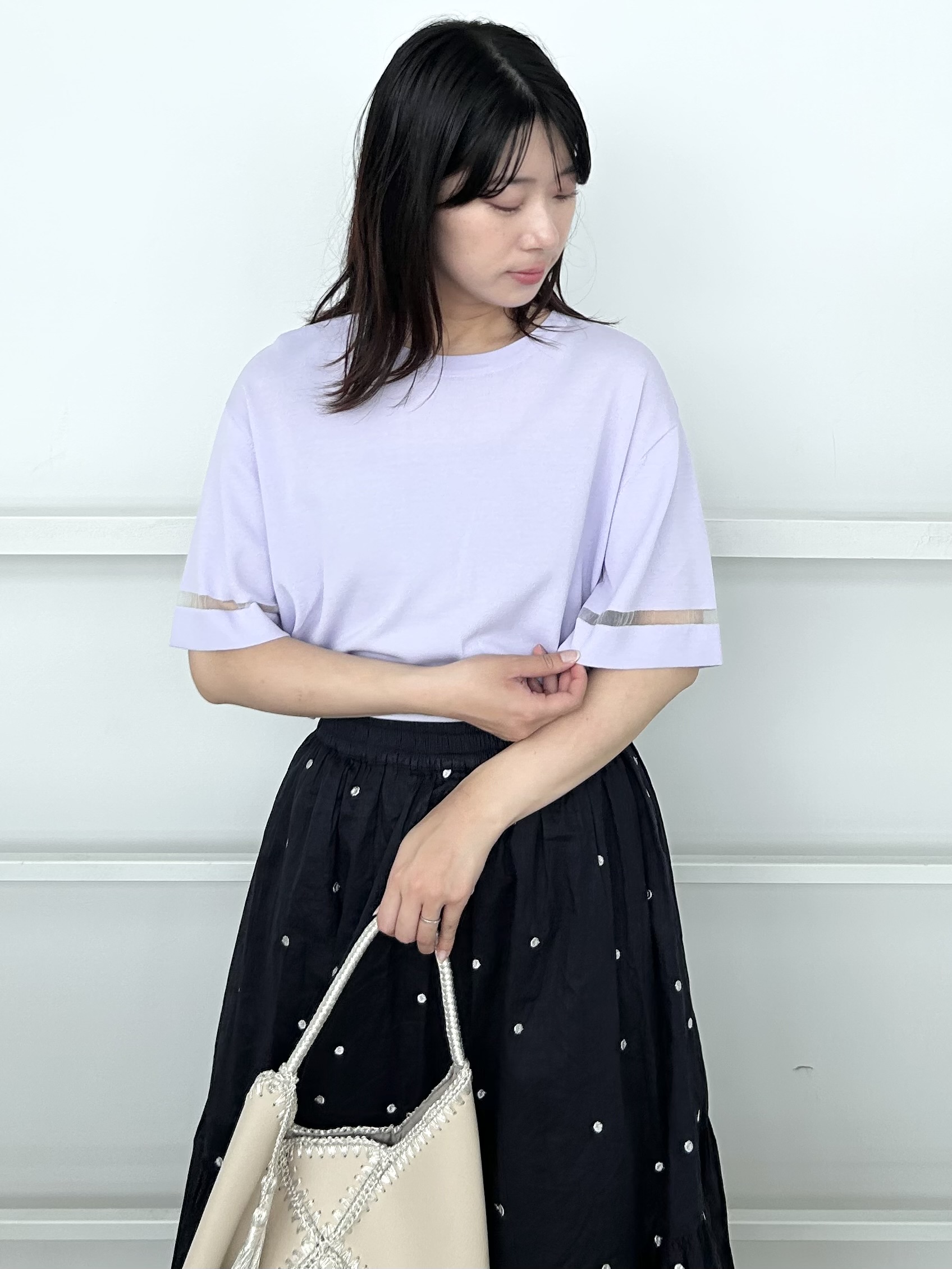 RINAさんの「OPAQUE.CLIP｜【UV／接触冷感／抗ピル】袖口ラインシアーさらりニット《洗濯機OK》」を使ったコーディネート