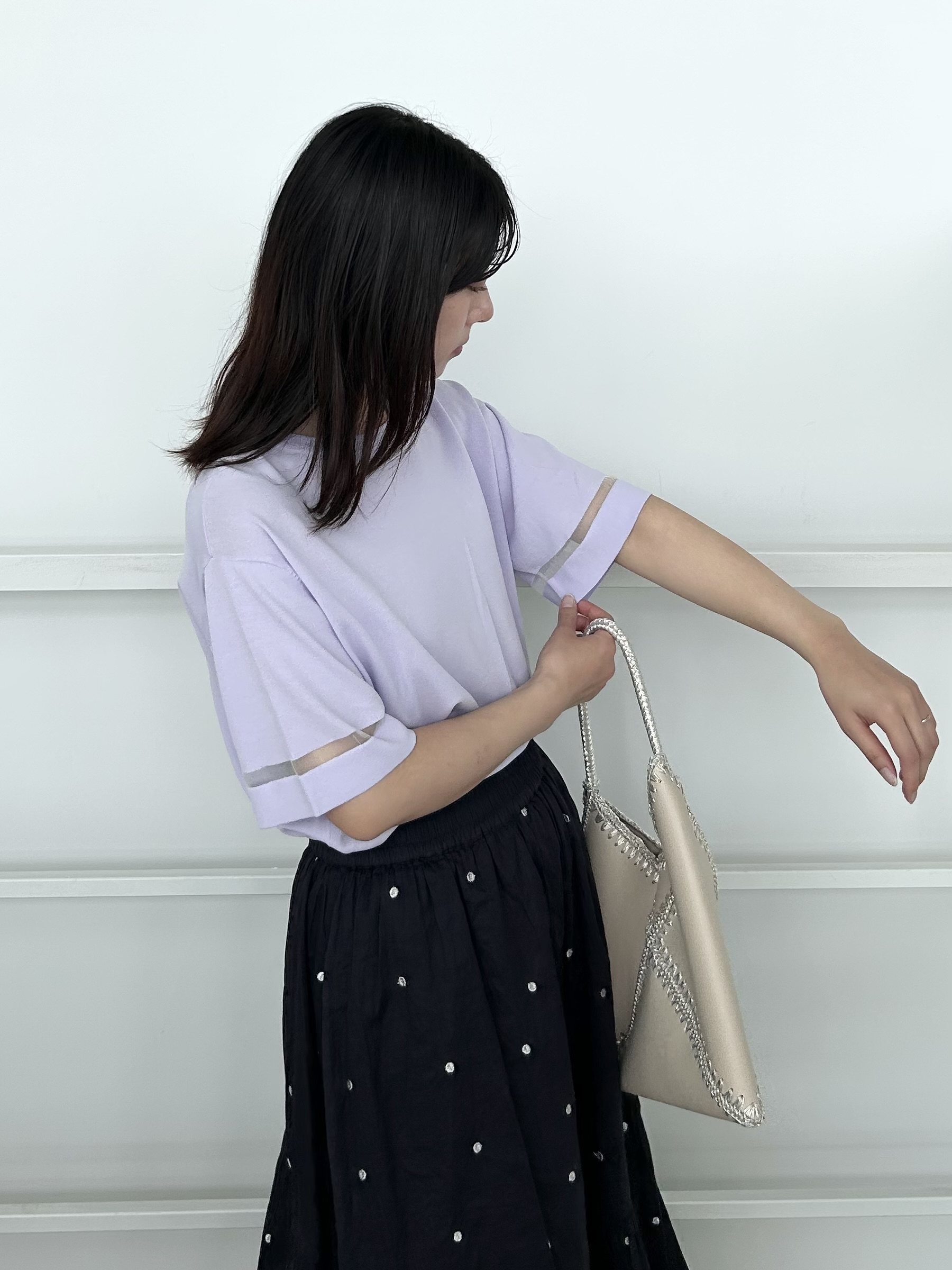 RINAさんの「OPAQUE.CLIP｜【UV／接触冷感／抗ピル】袖口ラインシアーさらりニット《洗濯機OK》」を使ったコーディネート