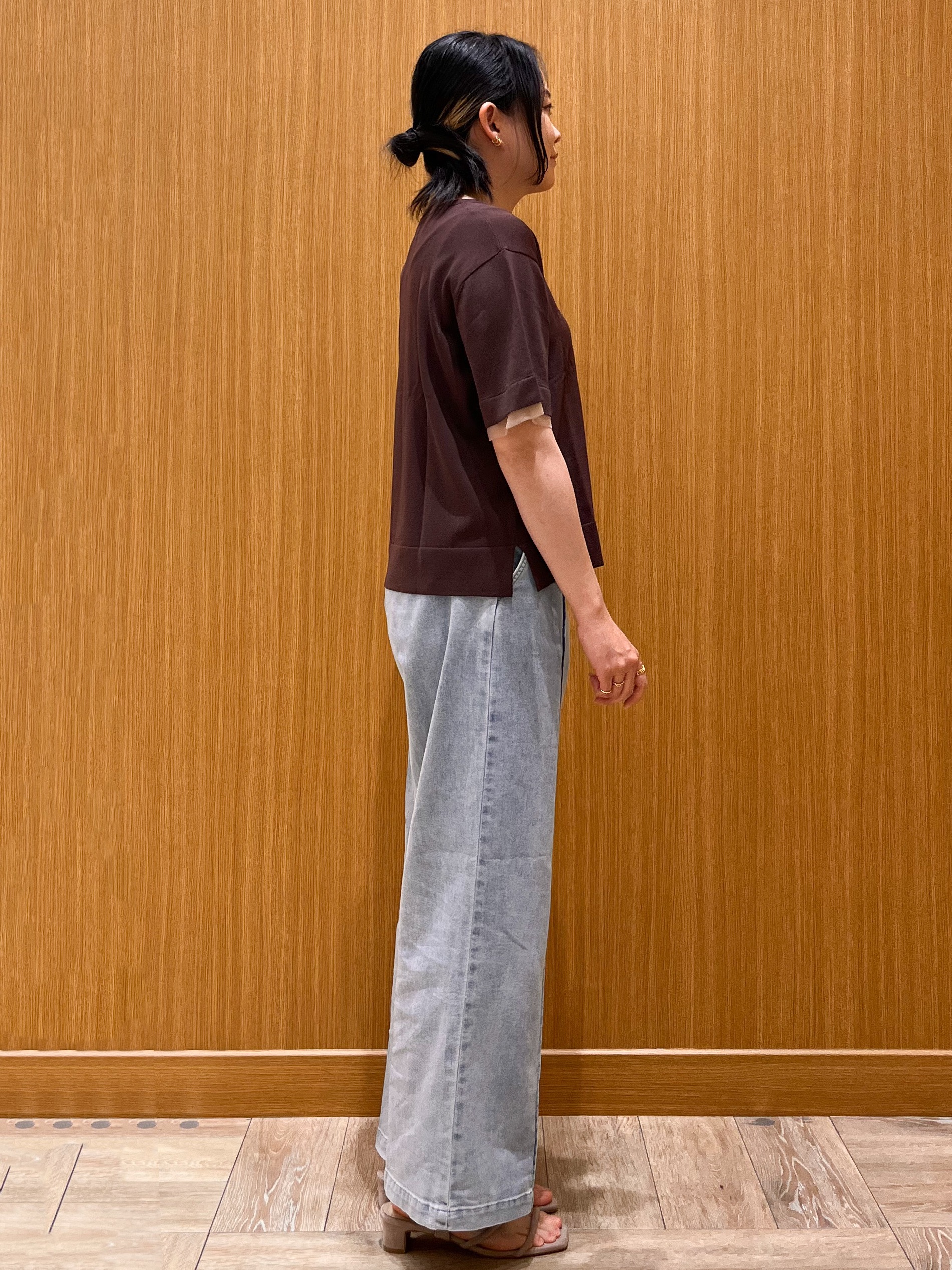 aさんの「OPAQUE.CLIP｜【UV／接触冷感／抗ピル】シアー＆レイヤード風さらりニット《洗濯機OK》」を使ったコーディネート
