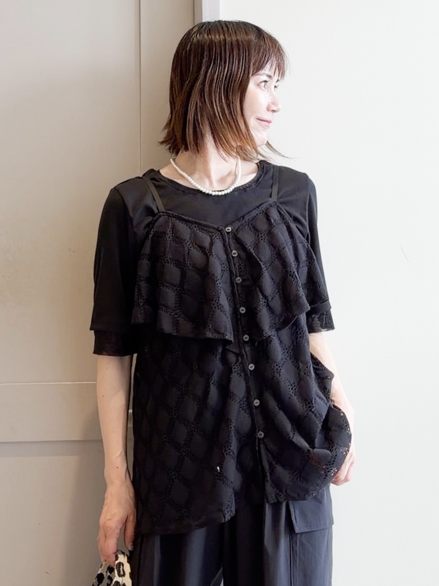 yamakoさんの「grove｜【UVカット】チュールトリミング5分袖Tシャツ」を使ったコーディネート