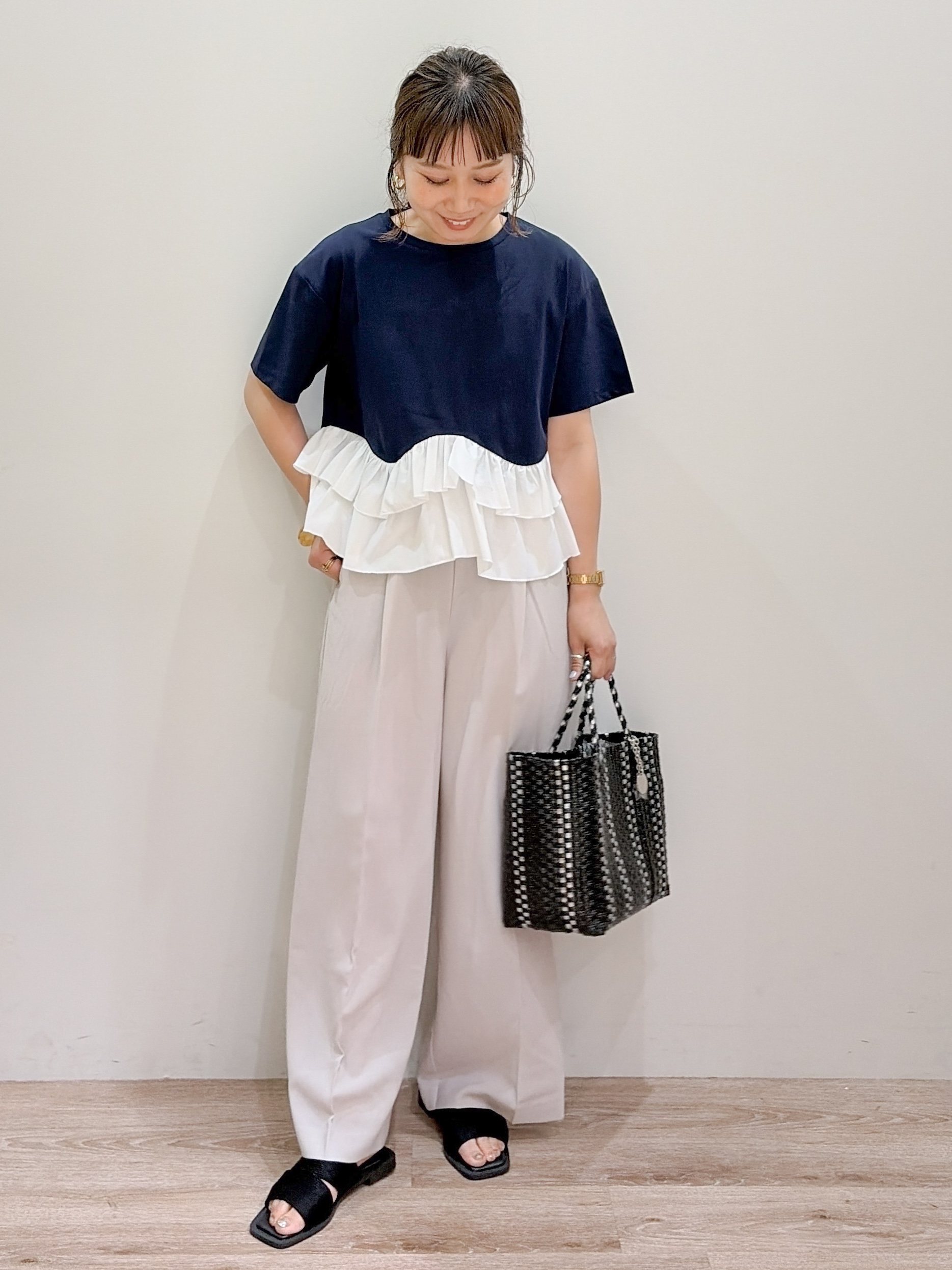 risayanさんの「OPAQUE.CLIP｜裾フリルドッキングTシャツ【洗濯機OK】」を使ったコーディネート