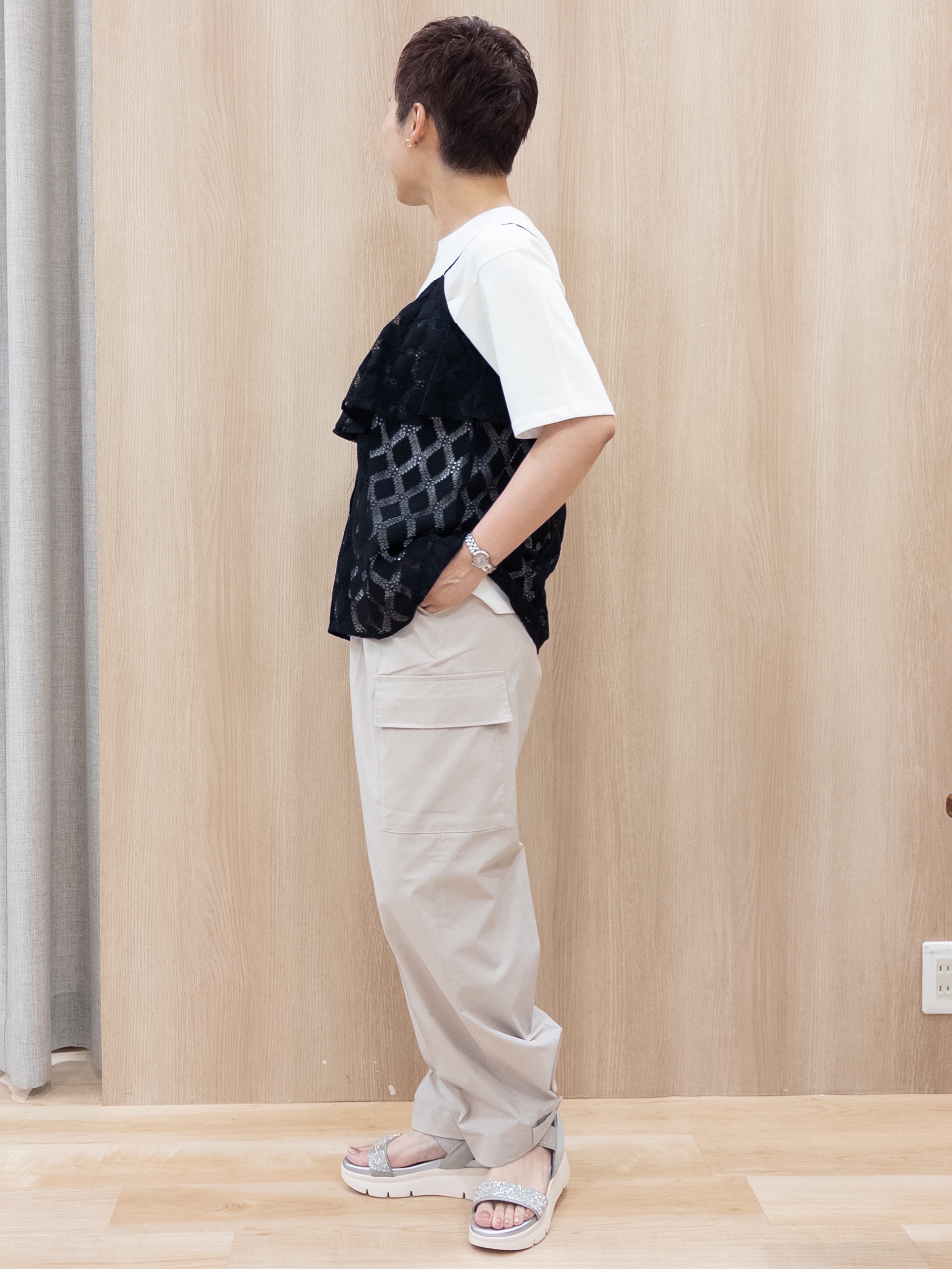 シュウコさんの「grove｜【UVカット/接触冷感】プリントアソート5分袖Tシャツ」を使ったコーディネート