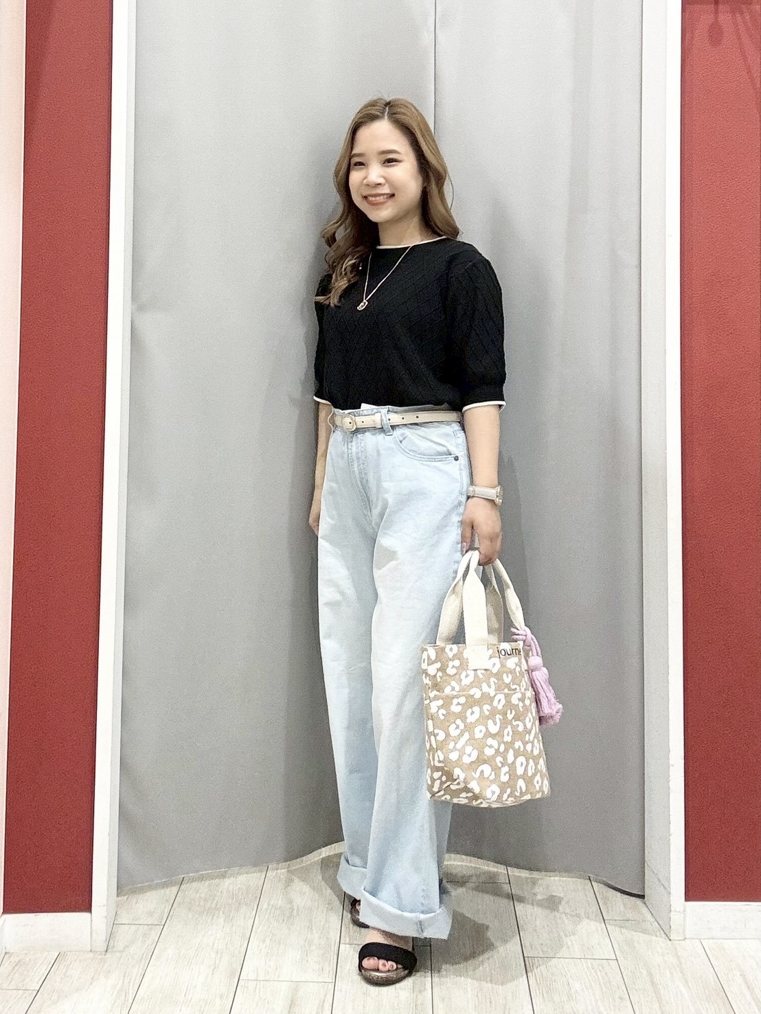 shioさんの「SHOO･LA･RUE｜【洗濯機可/S-LL】大人上品なダイヤ編み柄 配色半袖ニット」を使ったコーディネート