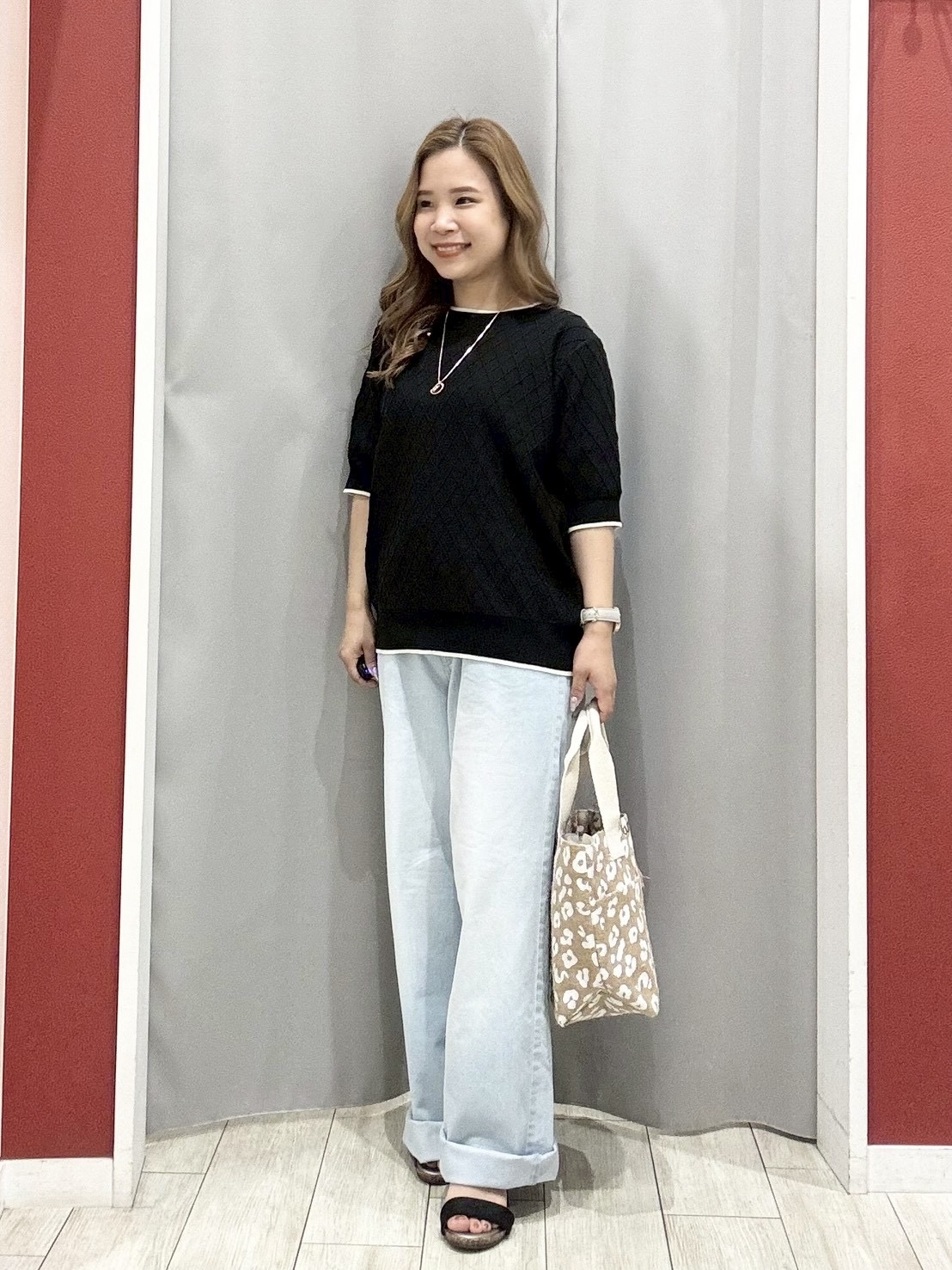 shioさんの「SHOO･LA･RUE｜【洗濯機可/S-LL】大人上品なダイヤ編み柄 配色半袖ニット」を使ったコーディネート