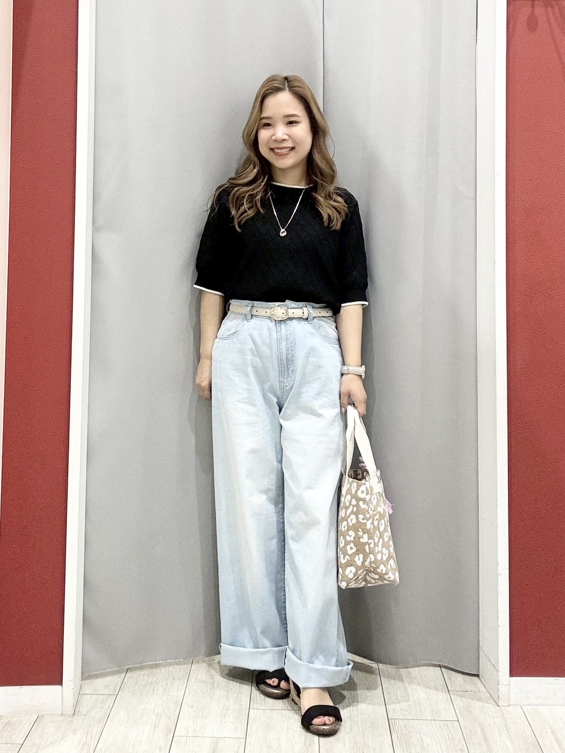 shioさんの「SHOO･LA･RUE｜【洗濯機可/S-LL】大人上品なダイヤ編み柄 配色半袖ニット」を使ったコーディネート