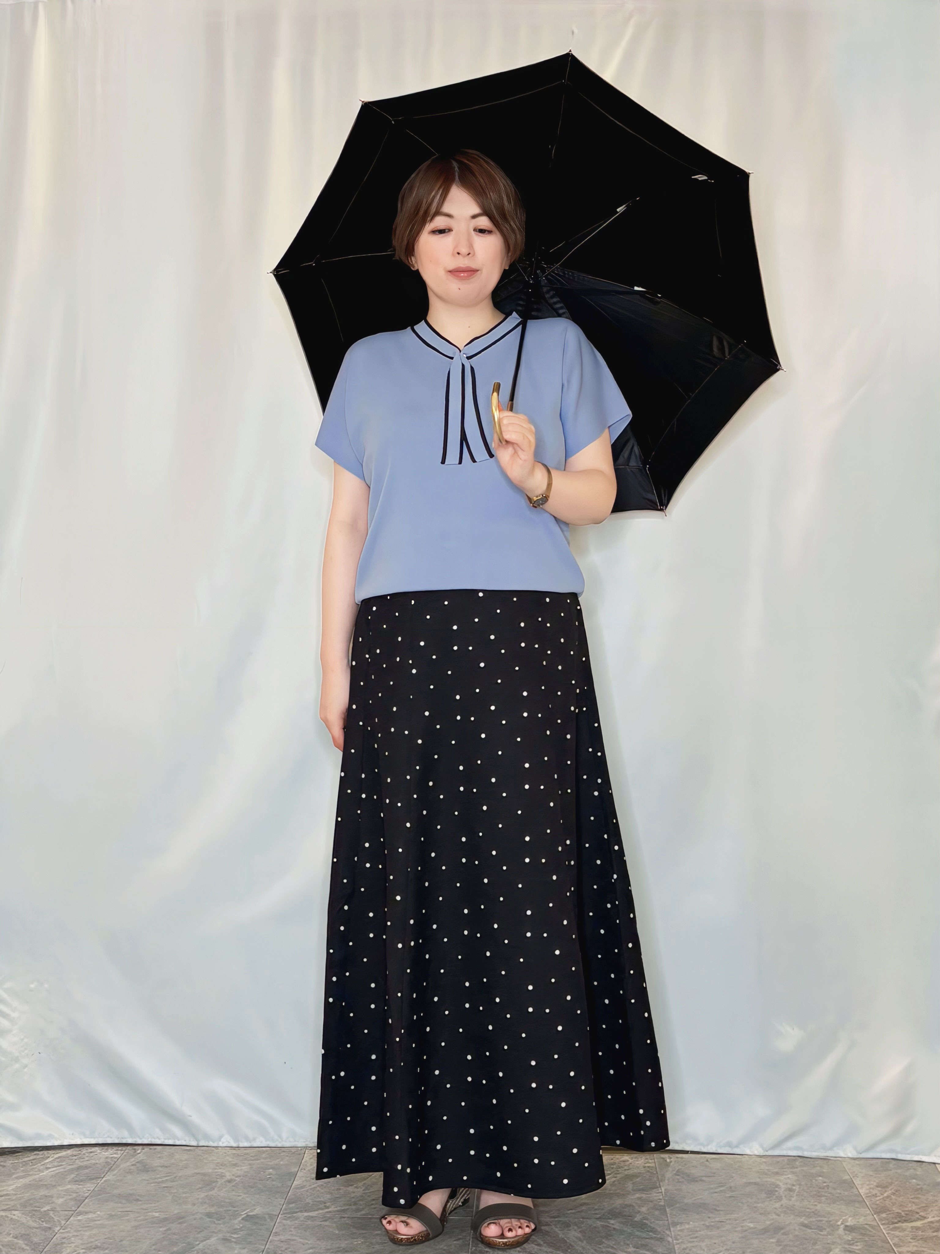 たみさんの「SHOO･LA･RUE｜【高レビュー/毎日洗える/UV】二の腕も隠せる 配色ボウタイニット」を使ったコーディネート