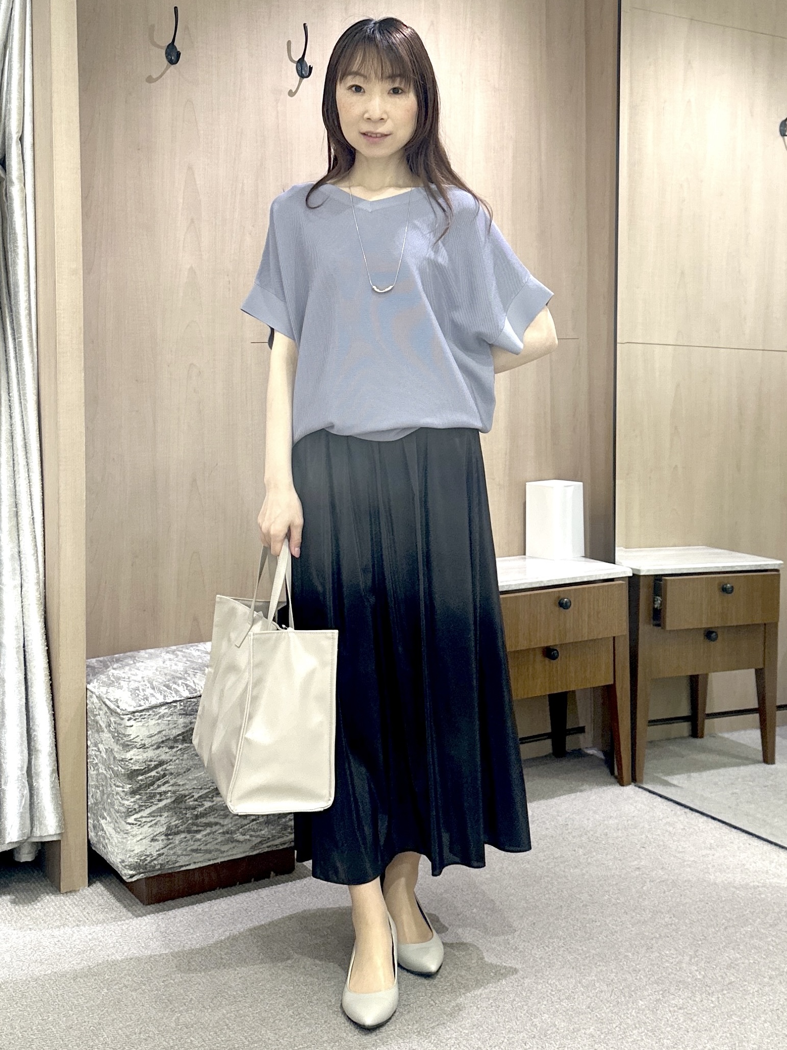 Miwaさんの「UNTITLED｜【11色展開/体型カバー】前後2WAYフレンチスリーブニット」を使ったコーディネート