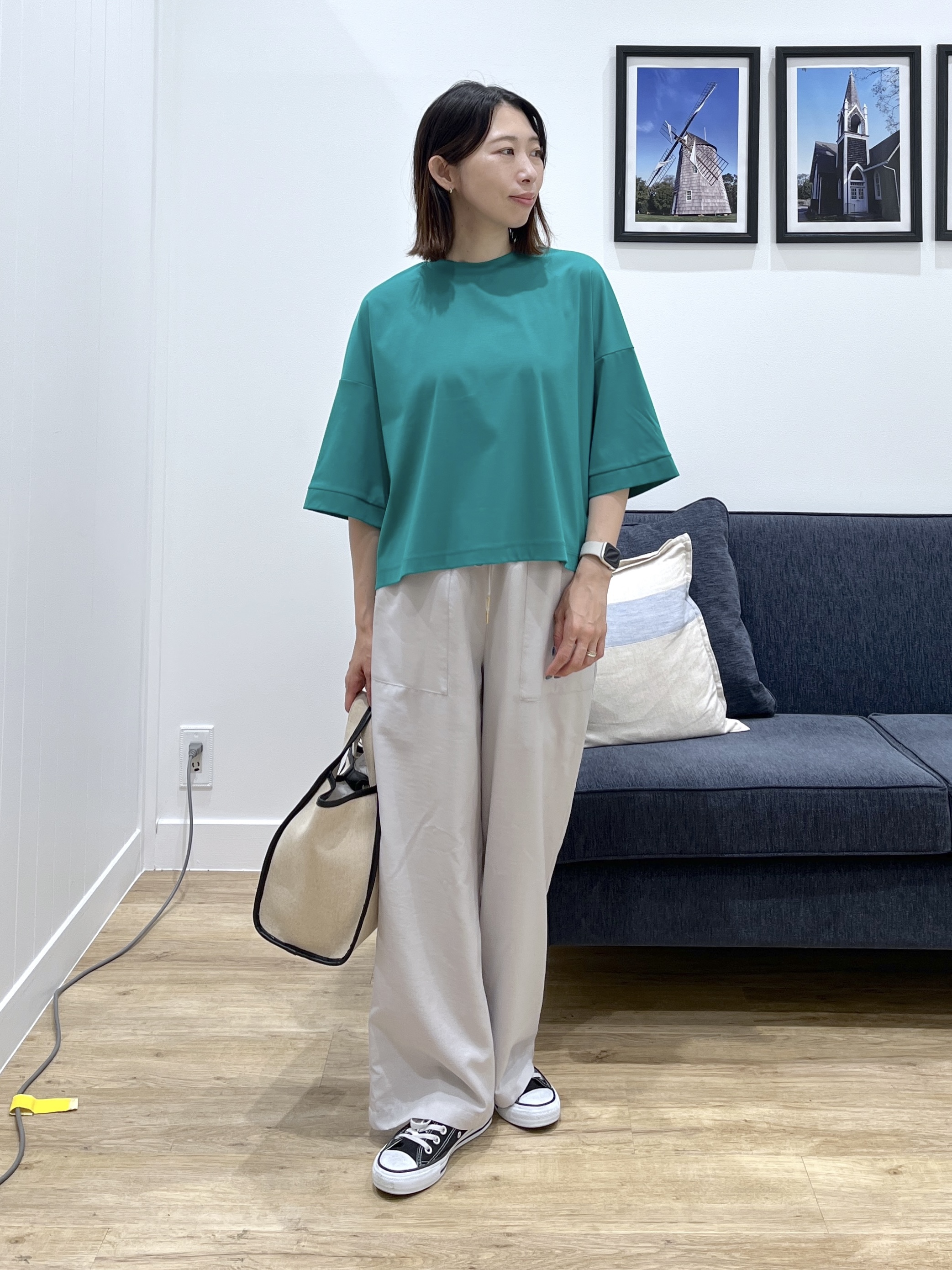 canaさんの「Dessin｜【体型カバー】美光沢カットソーボクシーシルエット」を使ったコーディネート