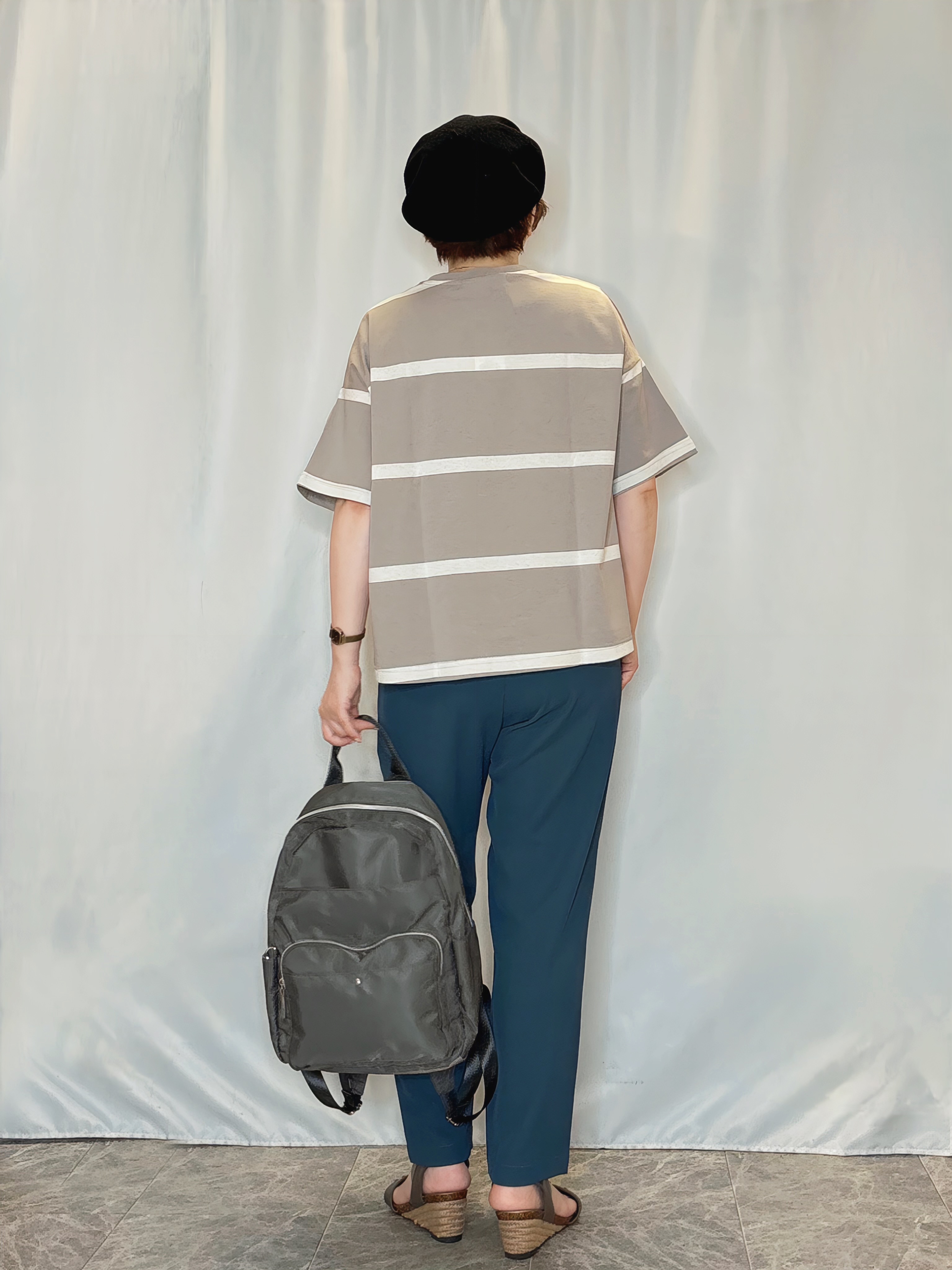 たみさんの「SHOO･LA･RUE｜【S-LL】涼しげで爽やか 太ボーダー斜め切り替えTシャツ」を使ったコーディネート