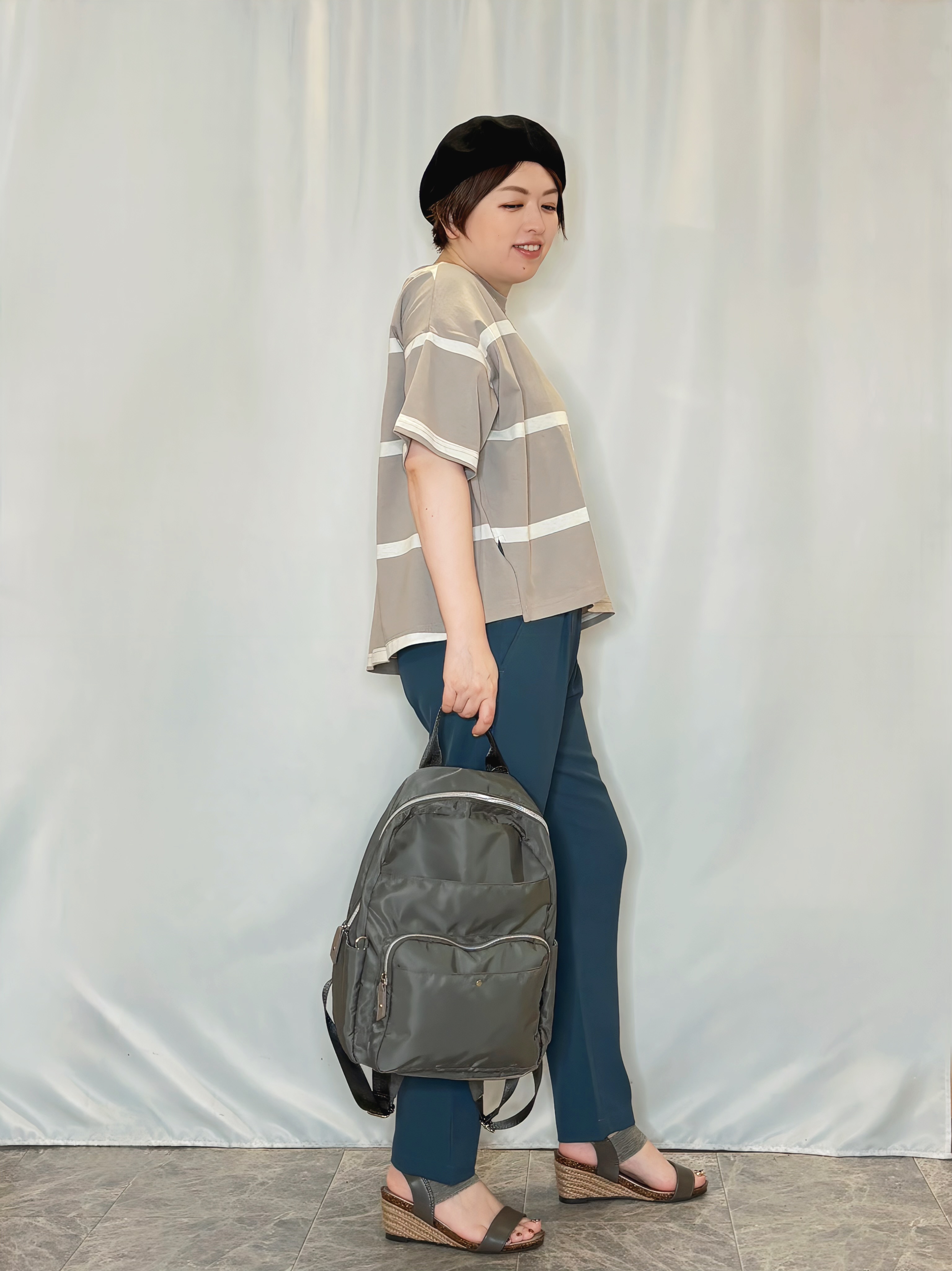 たみさんの「SHOO･LA･RUE｜【S-LL】涼しげで爽やか 太ボーダー斜め切り替えTシャツ」を使ったコーディネート