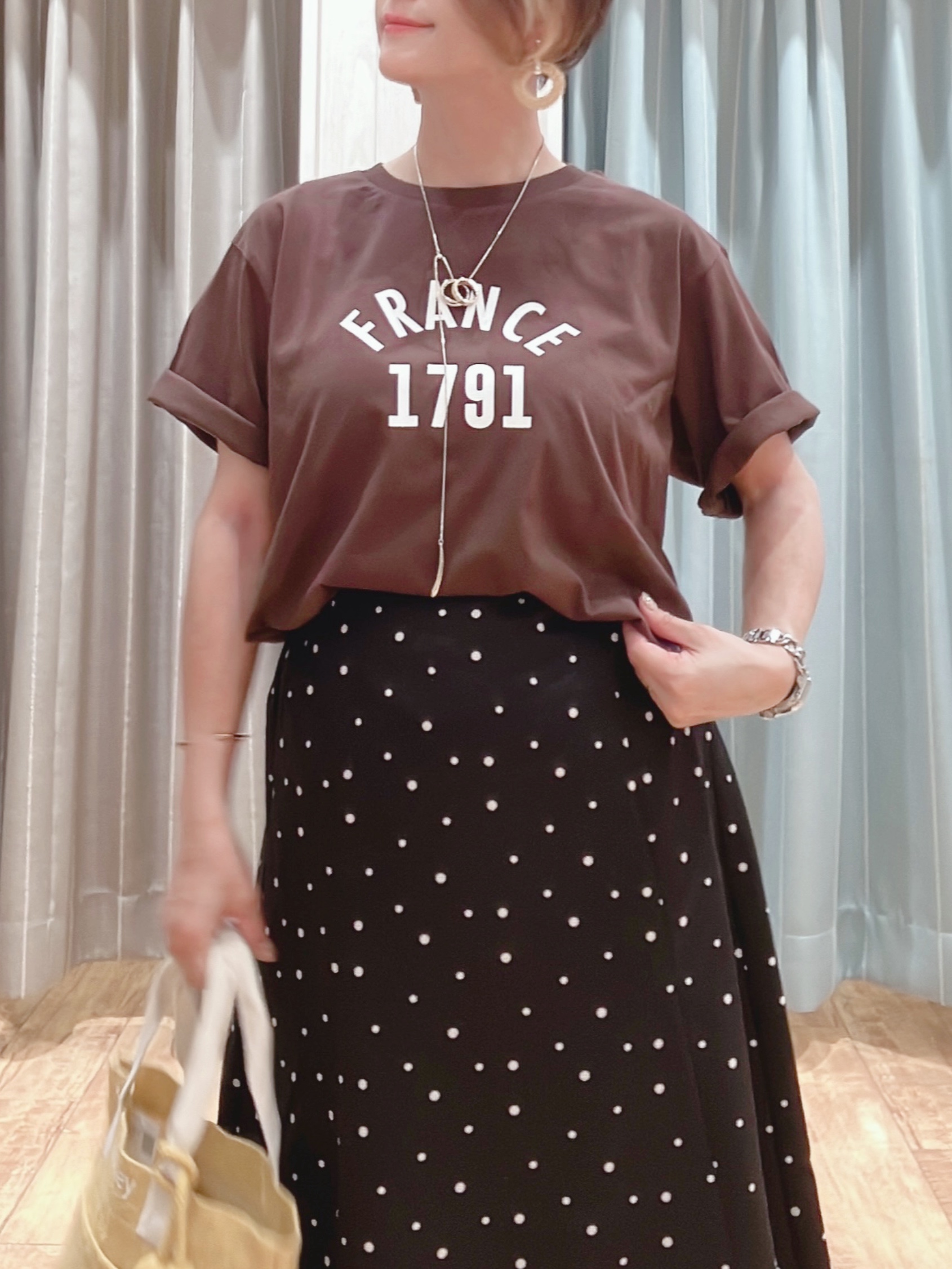 aaamiさんの「SHOO･LA･RUE｜【洗濯機可/S-LL】夏に快適サラサラ感 大人のプリントTシャツ」を使ったコーディネート