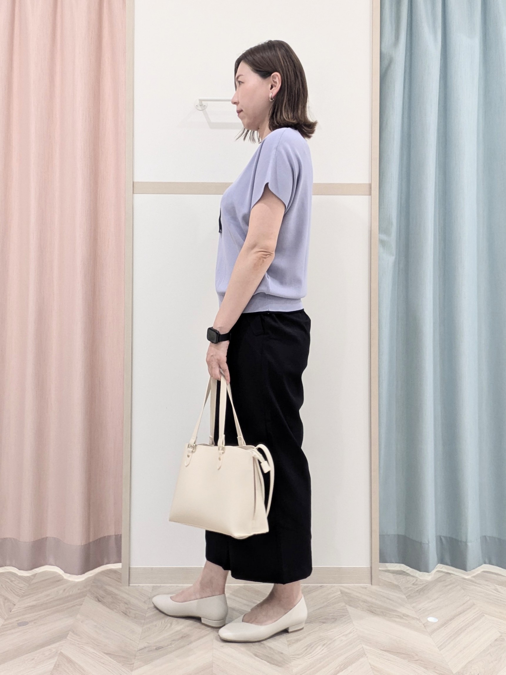 miyuさんの「SHOO･LA･RUE｜【高レビュー/毎日洗える/UV】二の腕も隠せる 配色ボウタイニット」を使ったコーディネート