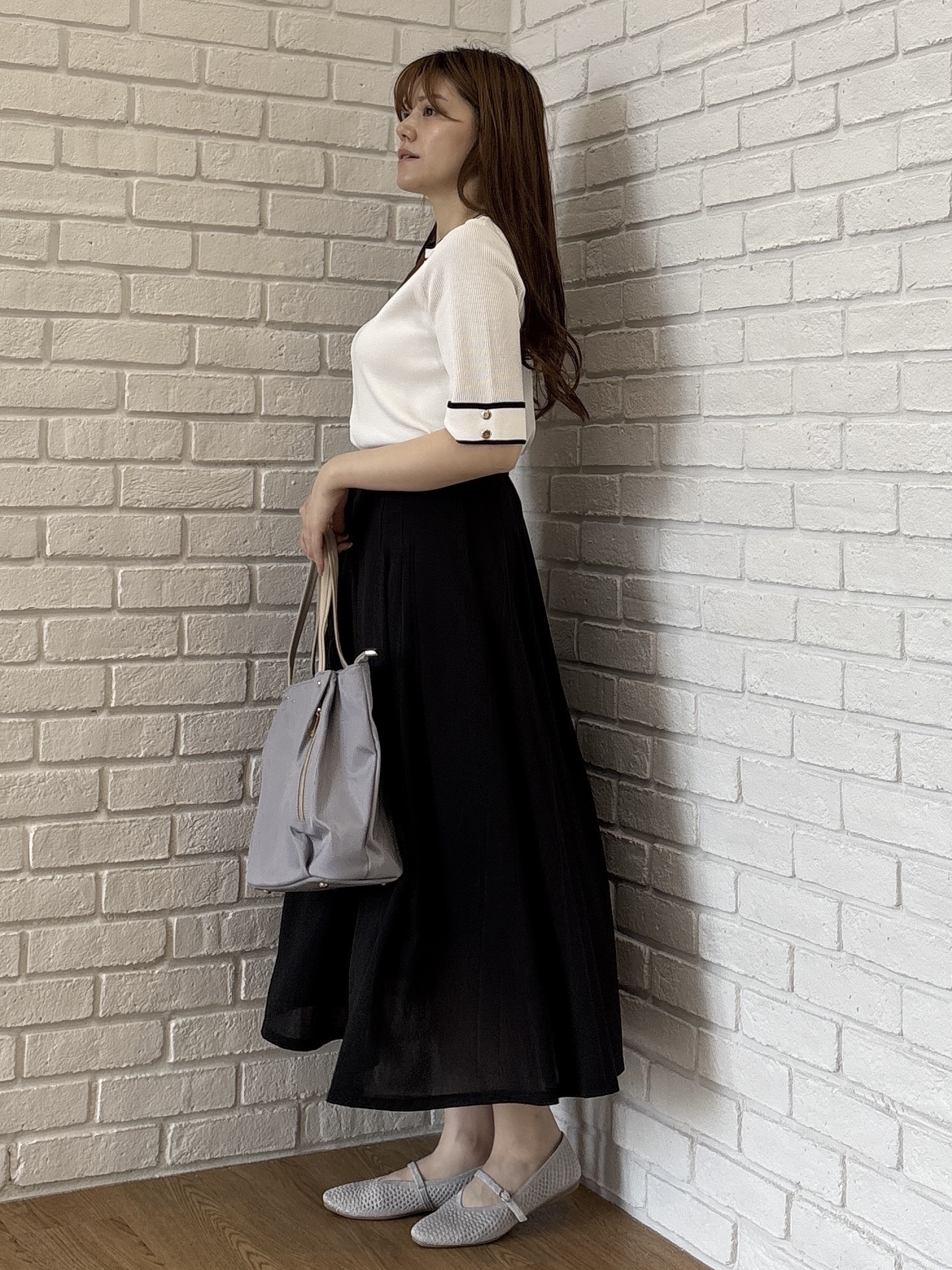 sayaさんの「grove｜新色追加！【シリーズ累計36万枚/名品ニット】やわらかドライタッチ 袖メッシュ編みニット」を使ったコーディネート
