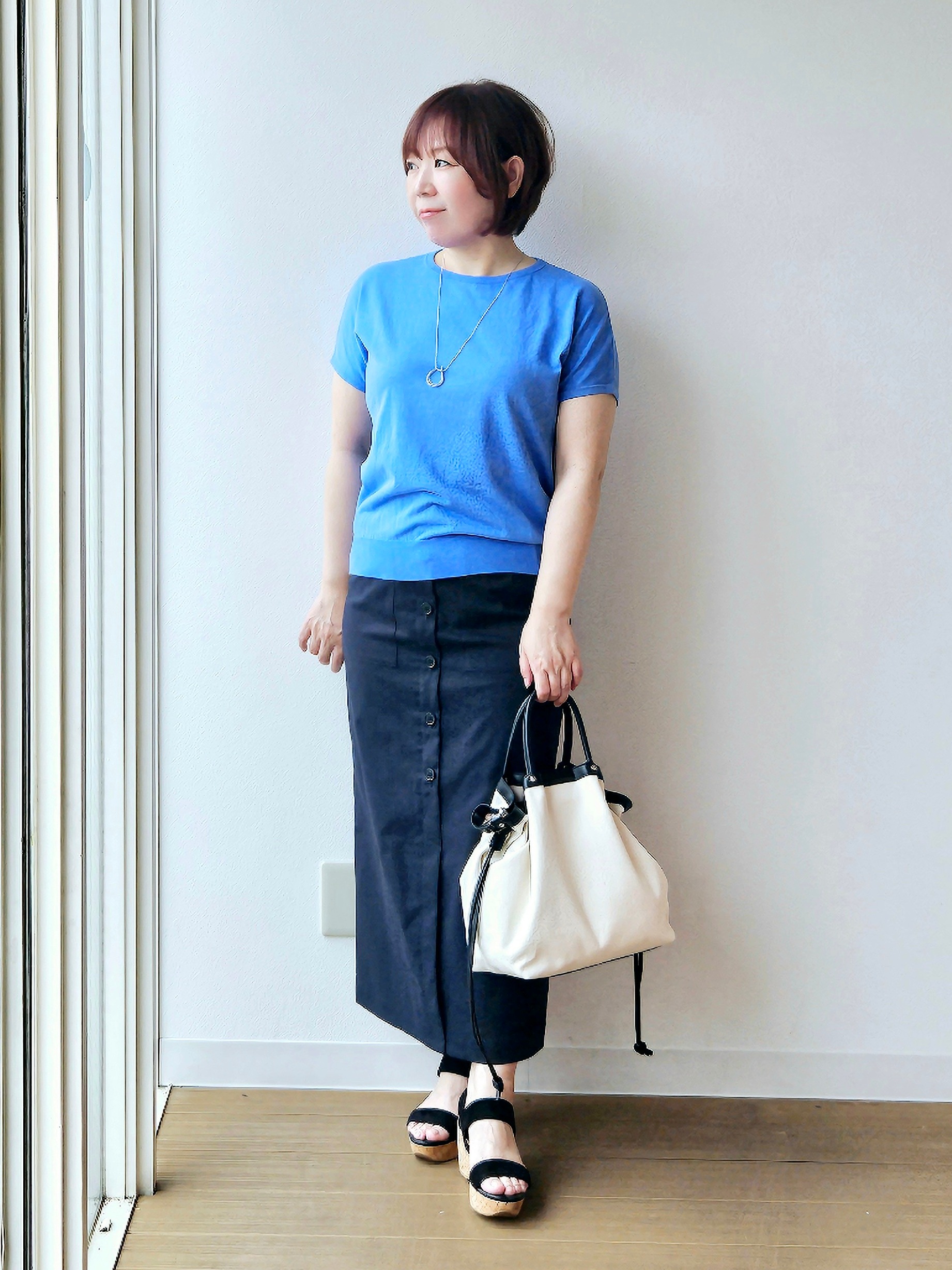 やじまさんの「UNTITLED｜◆【9色展開/アンサンブル可】コットンクルーネックカーディガン」を使ったコーディネート