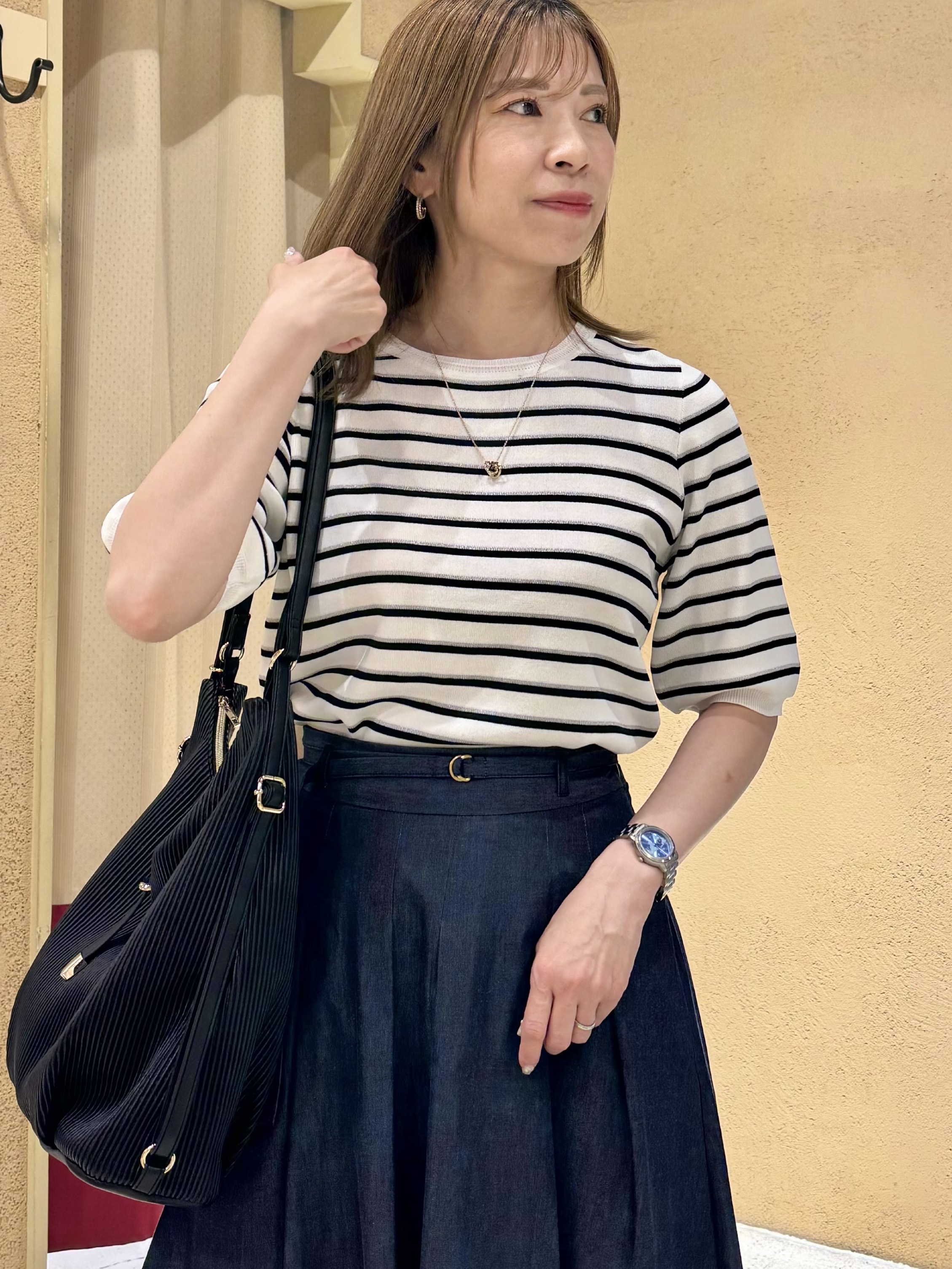 さち。さんの「grove｜【シリーズ累計36万枚/UVカット・ひんやり・洗濯機OK】やわらかドライタッチ 五分袖クルーネックニ」を使ったコーディネート