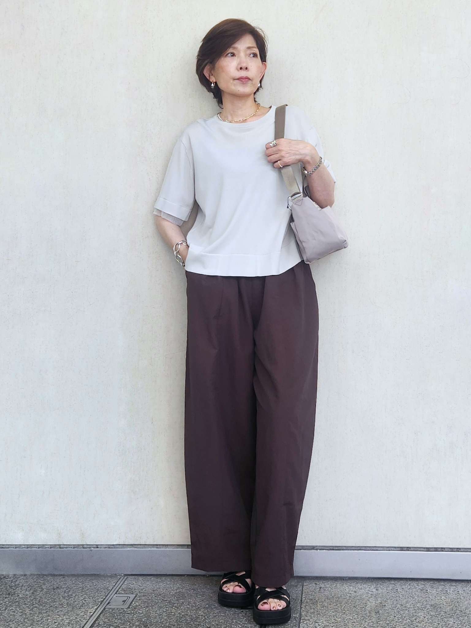 milkyさんの「OPAQUE.CLIP｜【UV／接触冷感／抗ピル】シアー＆レイヤード風さらりニット《洗濯機OK》」を使ったコーディネート