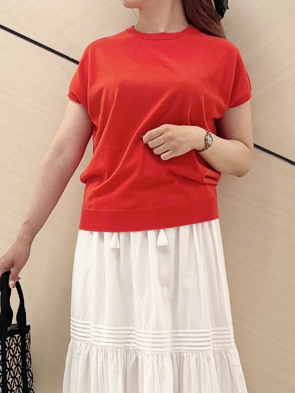 Rinaさんの「DRESSTERIOR｜オーバーラップサークル スモールニットトートバッグ」を使ったコーディネート