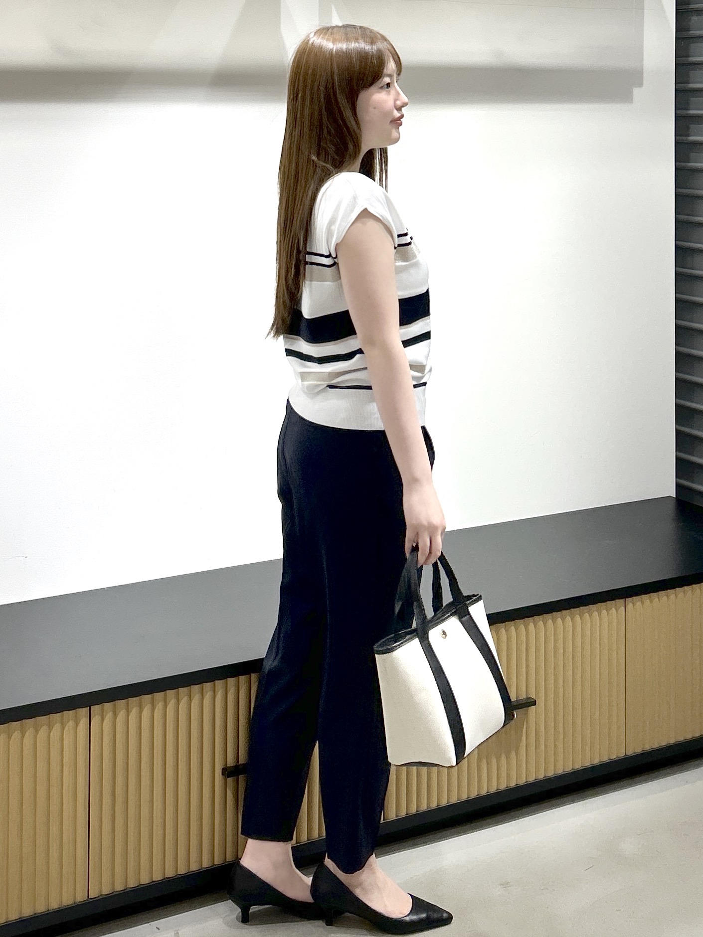sayaさんの「OPAQUE.CLIP｜マルチボーダーアソートニット【洗濯機OK／抗ピリング】」を使ったコーディネート