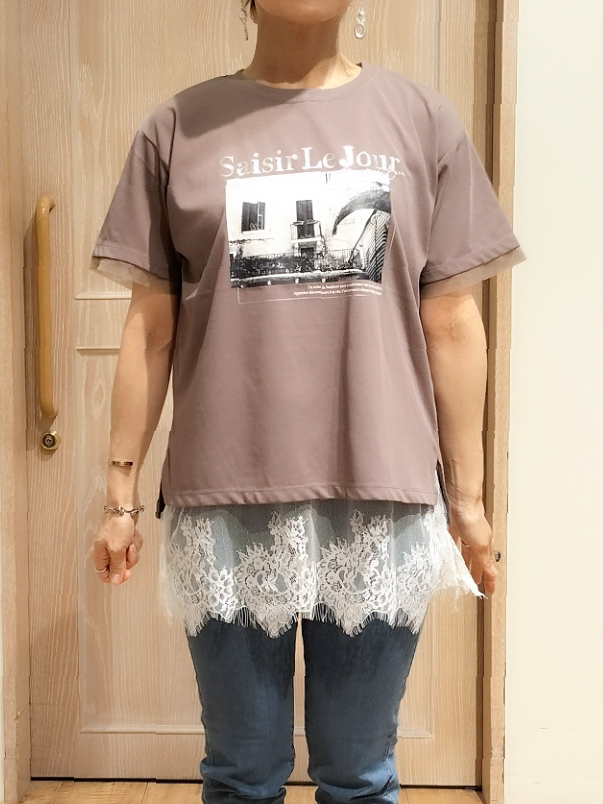 YUKIさんの「SHOO･LA･RUE｜【ひんやり/S-LL/洗濯機可】色・柄選べる お袖チュールレイヤード プリントアソートTシャツ」を使ったコーディネート