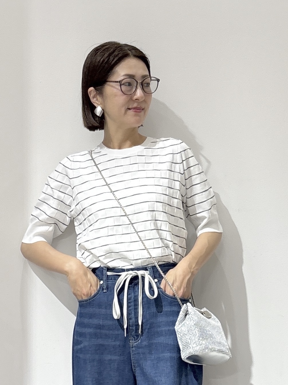 NAKAさんの「OPAQUE.CLIP｜柄編みハーフスリーブニット【洗濯機OK／抗ピル】」を使ったコーディネート