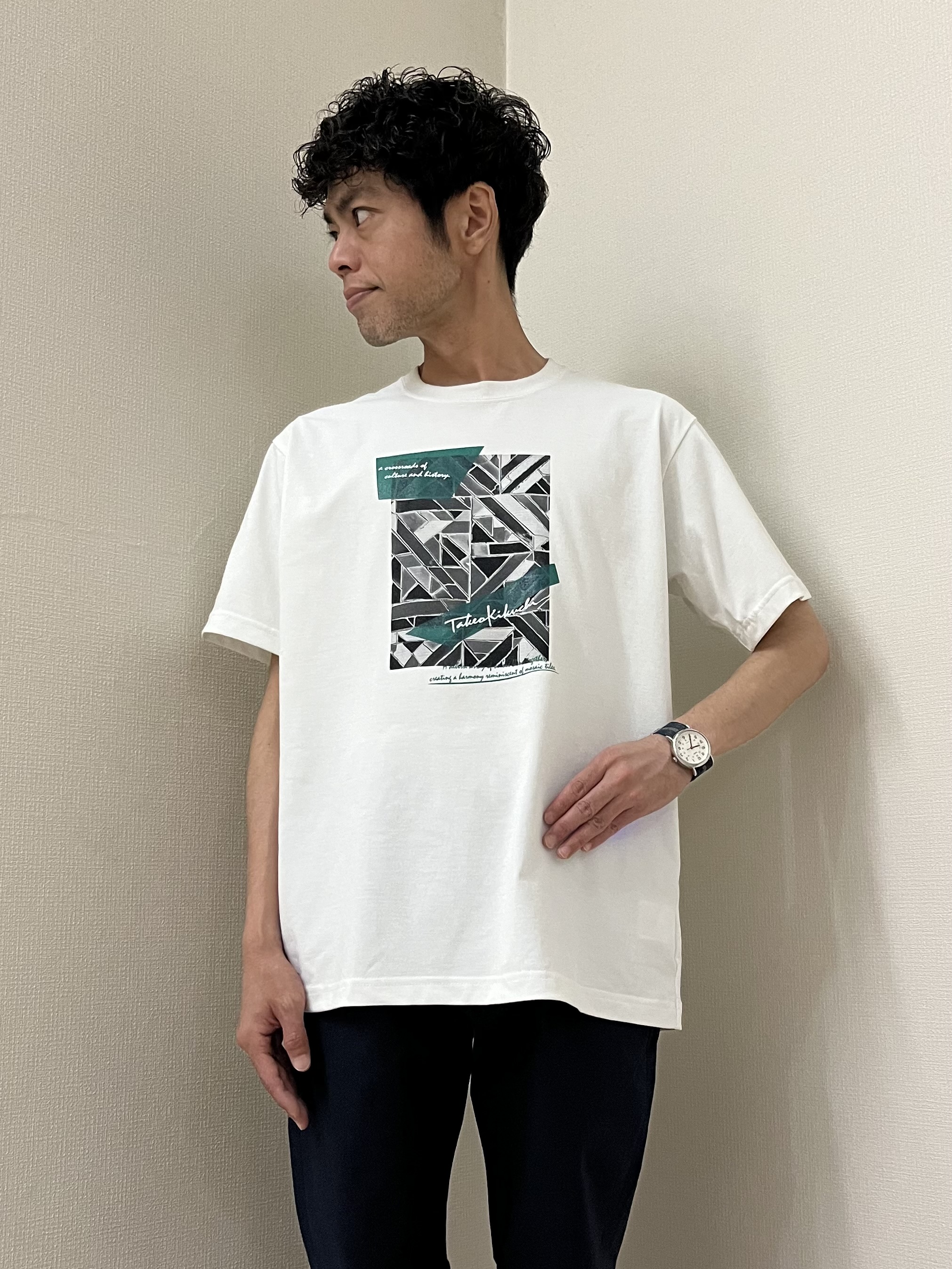 URAさんの「TAKEO KIKUCHI｜モノクロタイルTシャツ」を使ったコーディネート