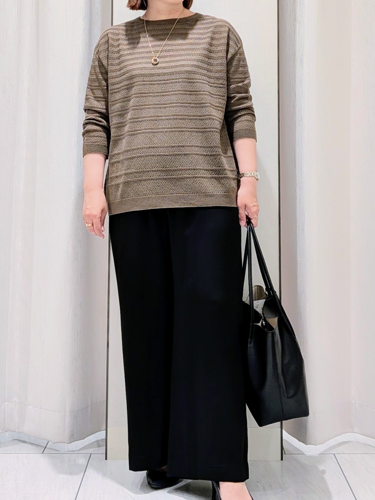 Onumaさんの「UNTITLED｜◆メッシュ柄ボーダーニット」を使ったコーディネート
