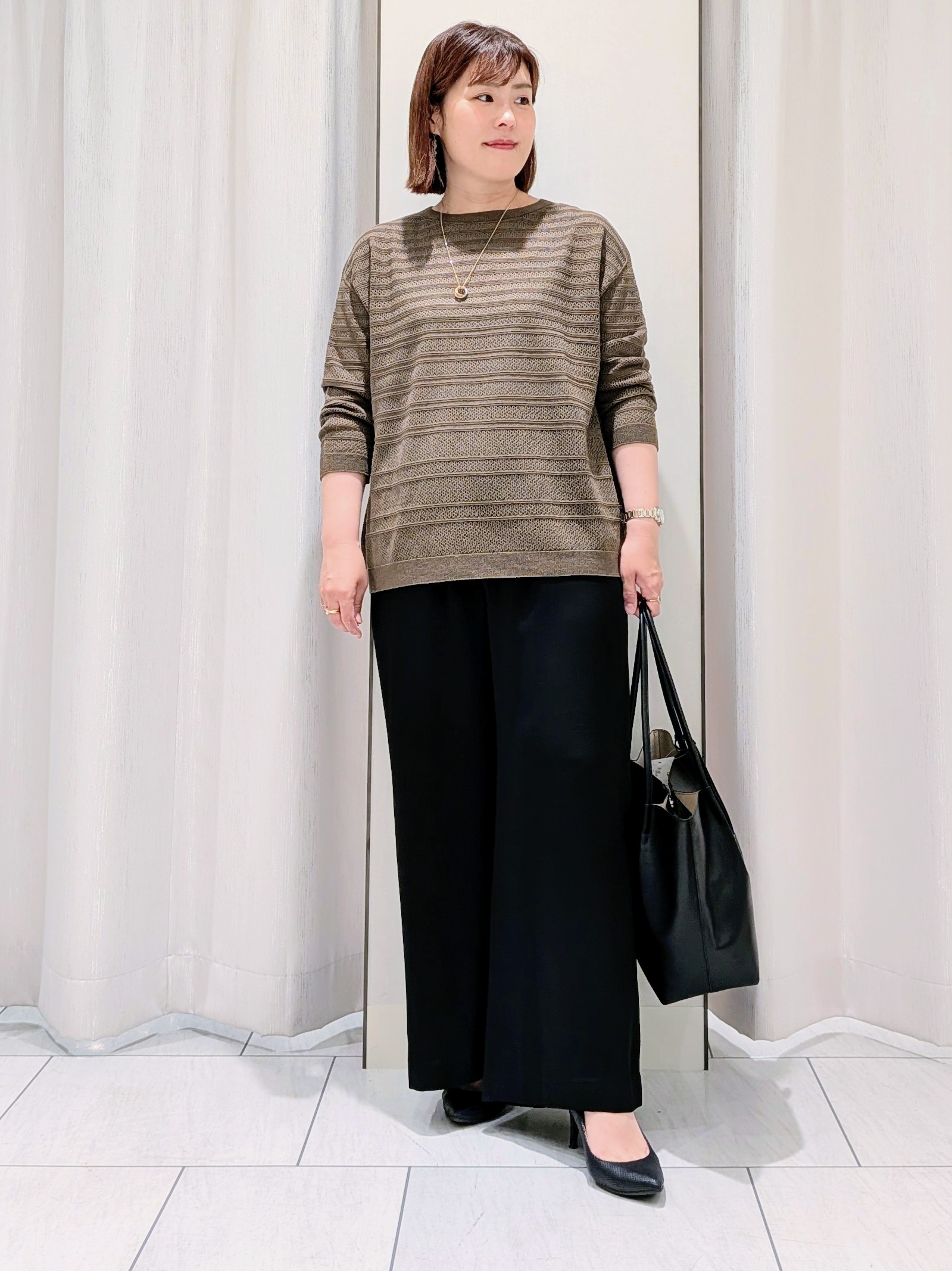 Onumaさんの「UNTITLED｜◆メッシュ柄ボーダーニット」を使ったコーディネート