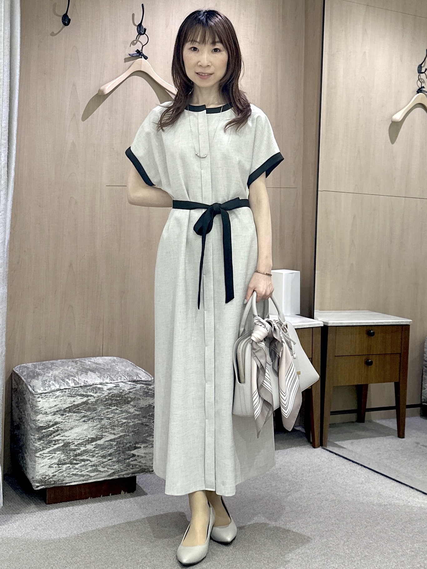 Miwaさんの「UNTITLED｜【接触冷感/UVカット/イージーケア】配色ラインワンピース」を使ったコーディネート